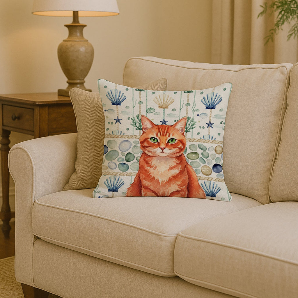 Solid Red Ginger Cat Coastal Sea Glass Decorative Throw Pillow 14x14 Indoor Outdoor Accent Cushion, Fabric Cover with Insert for Sofa, Bed, Porch & Living Room