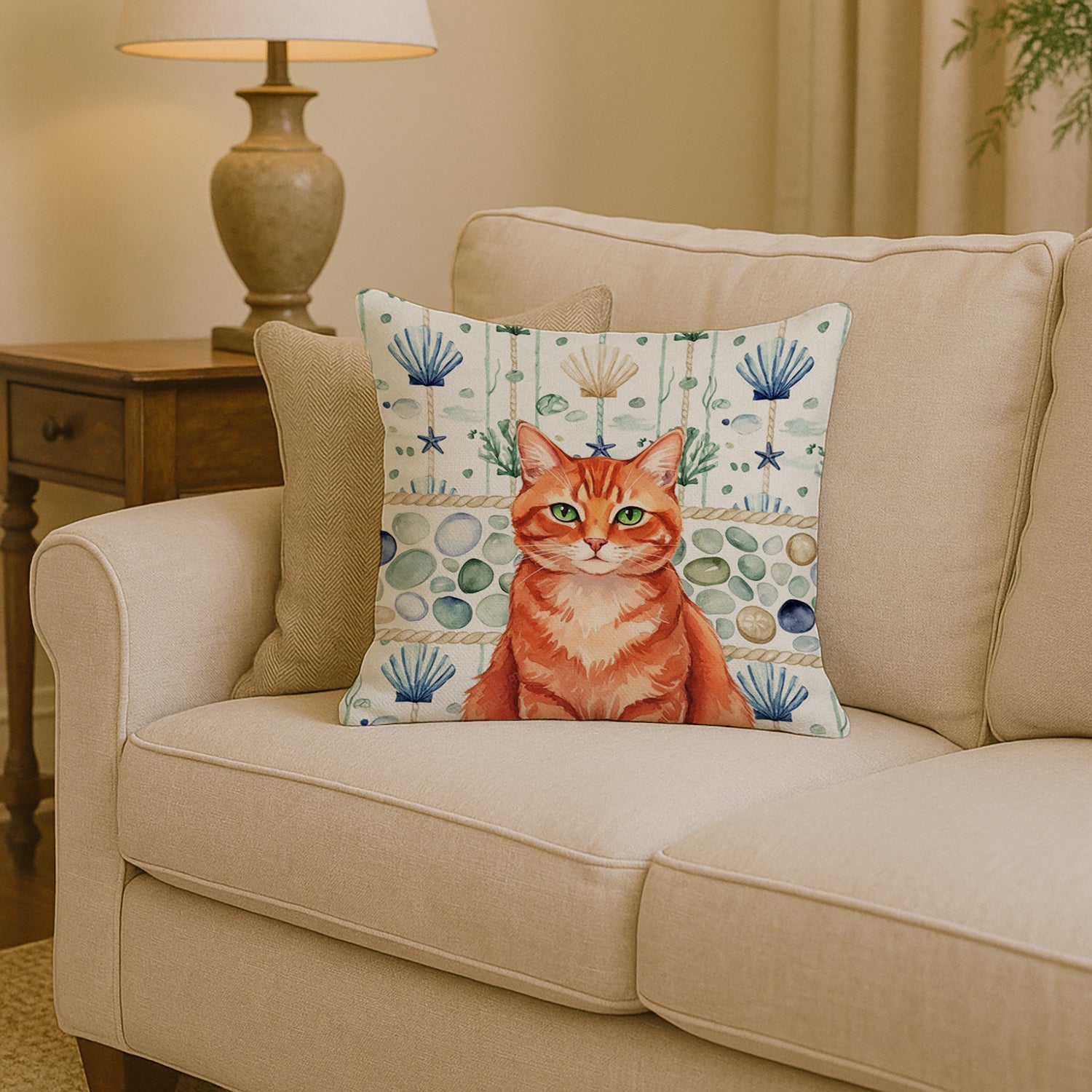 Solid Red Ginger Cat Coastal Sea Glass Decorative Throw Pillow 14x14 Indoor Outdoor Accent Cushion, Fabric Cover with Insert for Sofa, Bed, Porch & Living Room