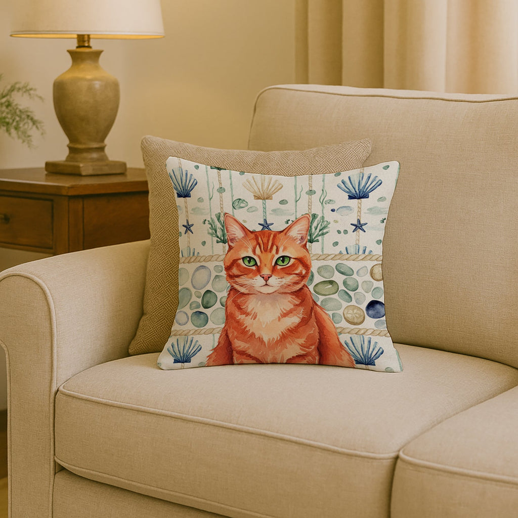Solid Red Ginger Cat Coastal Sea Glass Decorative Throw Pillow 18x18 Indoor Outdoor Accent Cushion, Fabric Cover with Insert for Sofa, Bed, Porch & Living Room