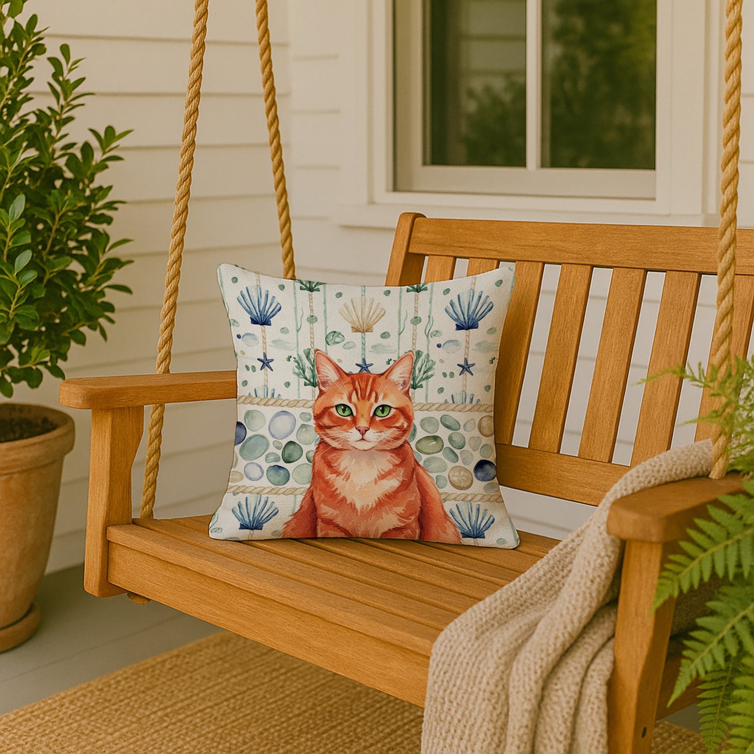 Solid Red Ginger Cat Coastal Sea Glass Decorative Throw Pillow 18x18 Indoor Outdoor Accent Cushion, Fabric Cover with Insert for Sofa, Bed, Porch & Living Room