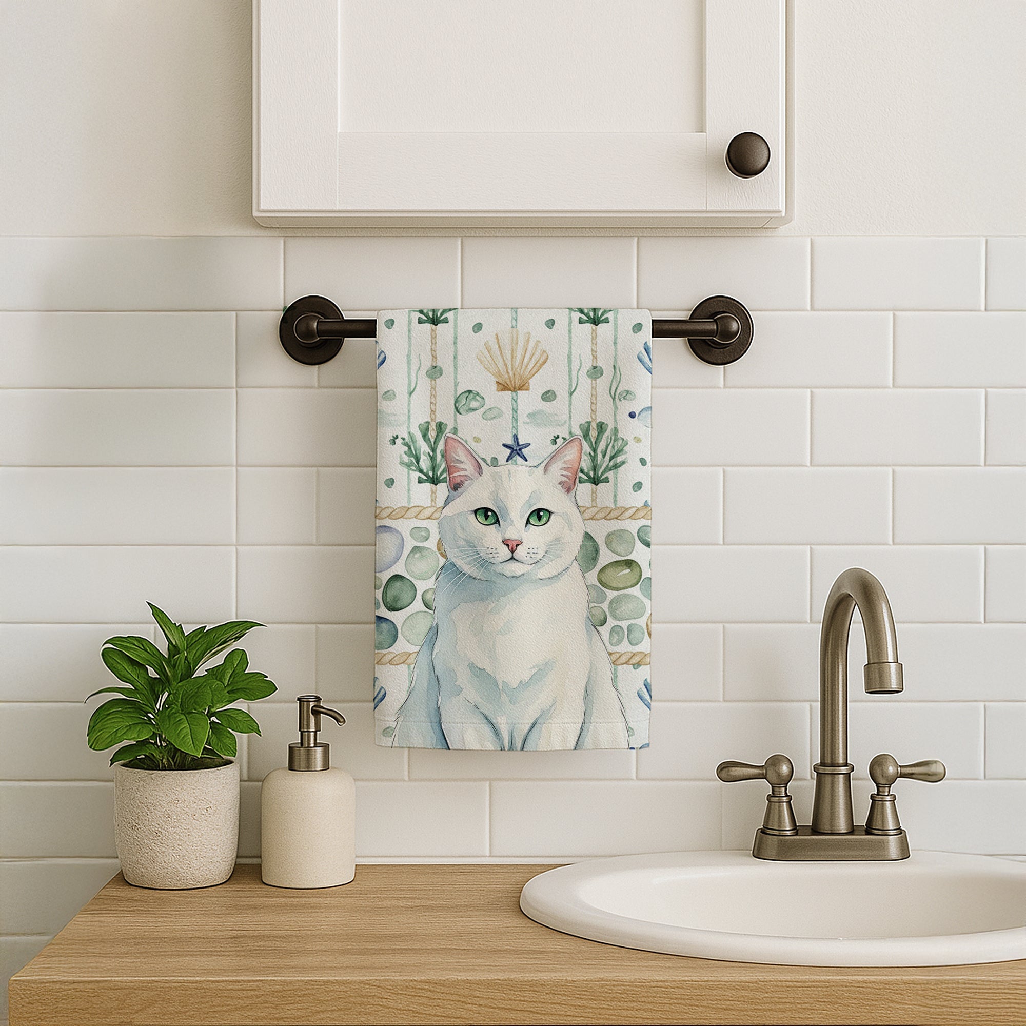 Solid White Cat Coastal Sea Glass Kitchen Towel Velour Plush Front and Cotton Loop Back Machine Washable