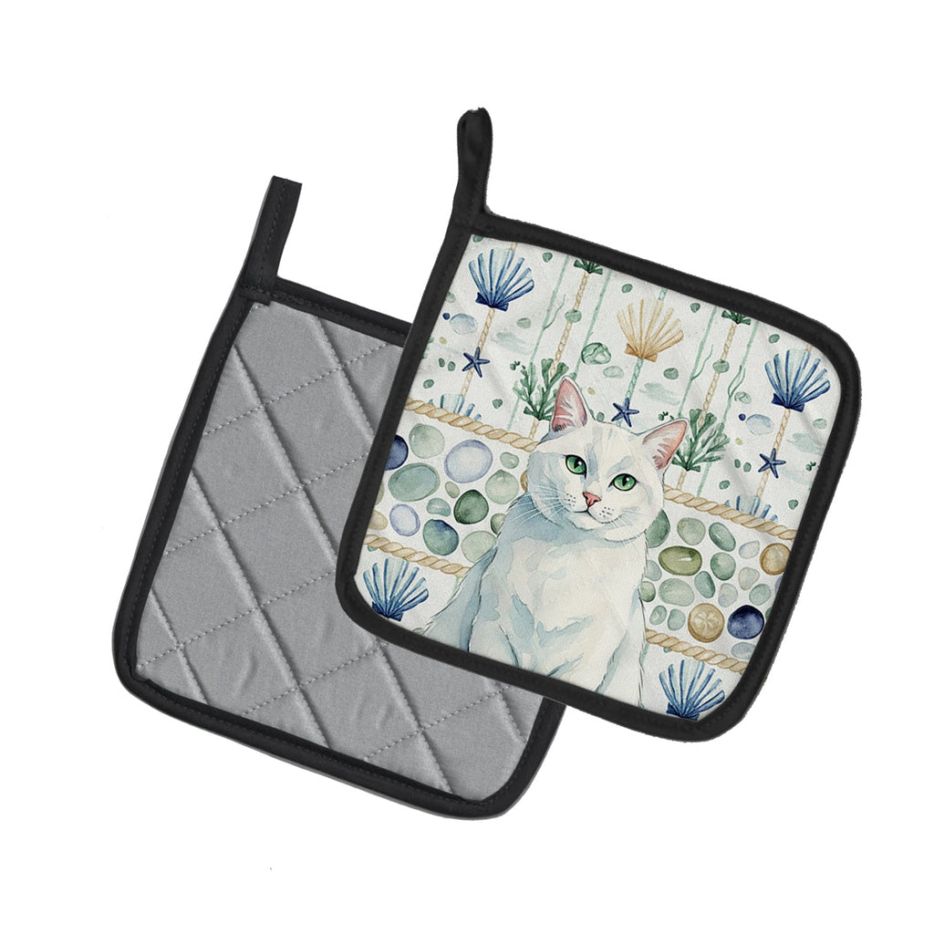 Solid White Cat Coastal Sea Glass Pot Holder Set of 2 Heat Resistant Quilted Hot Pads 7.5 x 7.5 Inch, Insulated Kitchen Trivets for Cooking & Baking