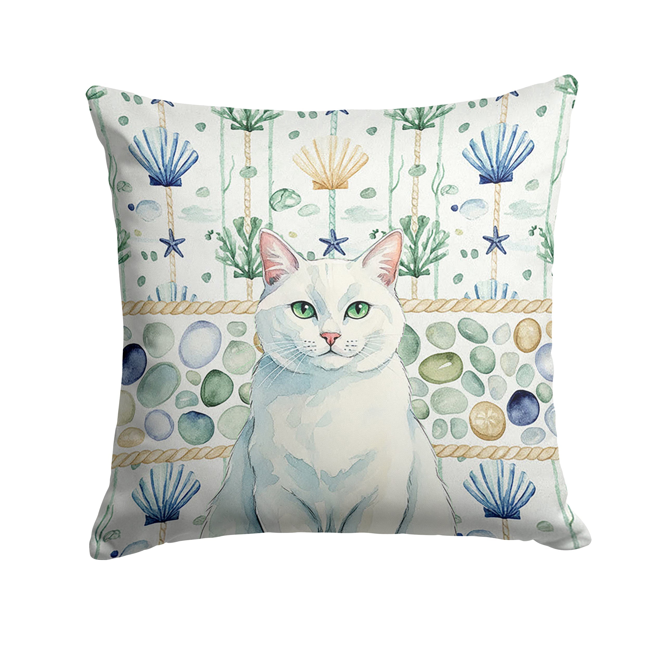 Solid White Cat Coastal Sea Glass Decorative Throw Pillow 14x14 Indoor Outdoor Accent Cushion, Fabric Cover with Insert for Sofa, Bed, Porch & Living Room