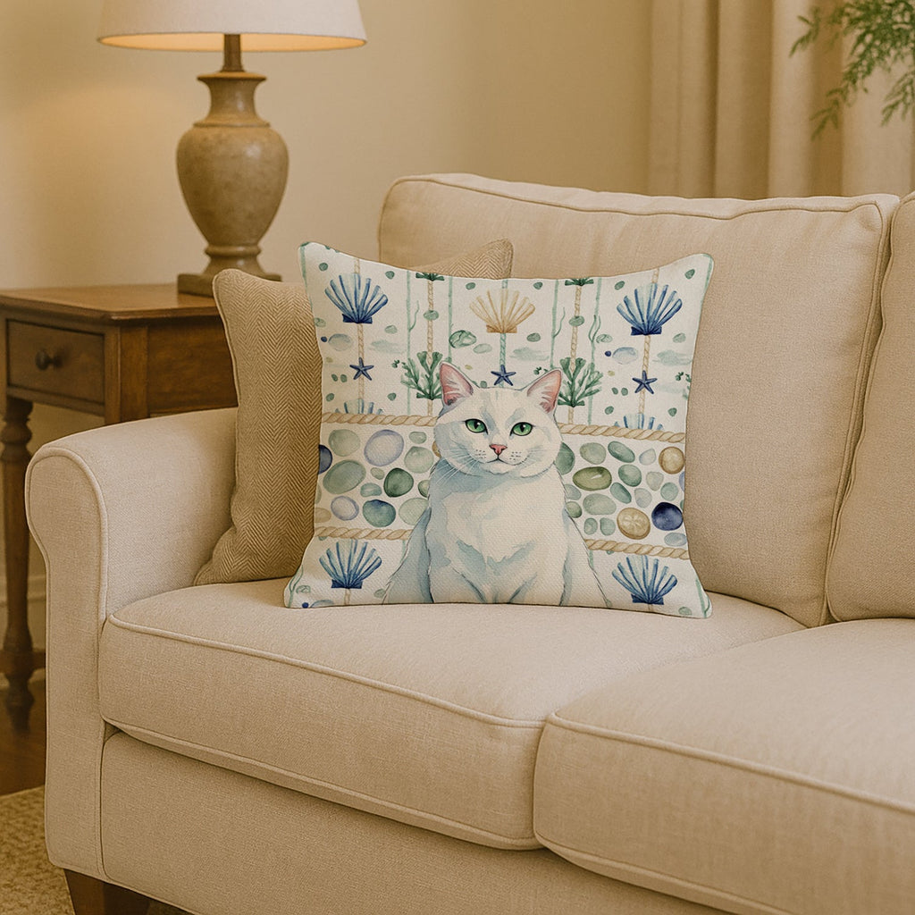 Solid White Cat Coastal Sea Glass Decorative Throw Pillow 14x14 Indoor Outdoor Accent Cushion, Fabric Cover with Insert for Sofa, Bed, Porch & Living Room
