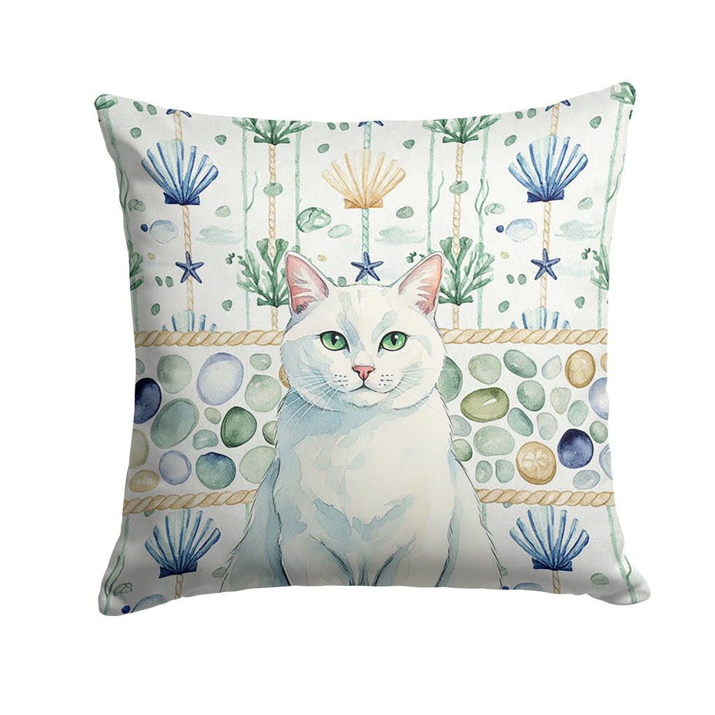 Solid White Cat Coastal Sea Glass Decorative Throw Pillow 18x18 Indoor Outdoor Accent Cushion, Fabric Cover with Insert for Sofa, Bed, Porch & Living Room