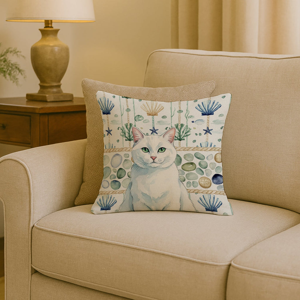 Solid White Cat Coastal Sea Glass Decorative Throw Pillow 18x18 Indoor Outdoor Accent Cushion, Fabric Cover with Insert for Sofa, Bed, Porch & Living Room