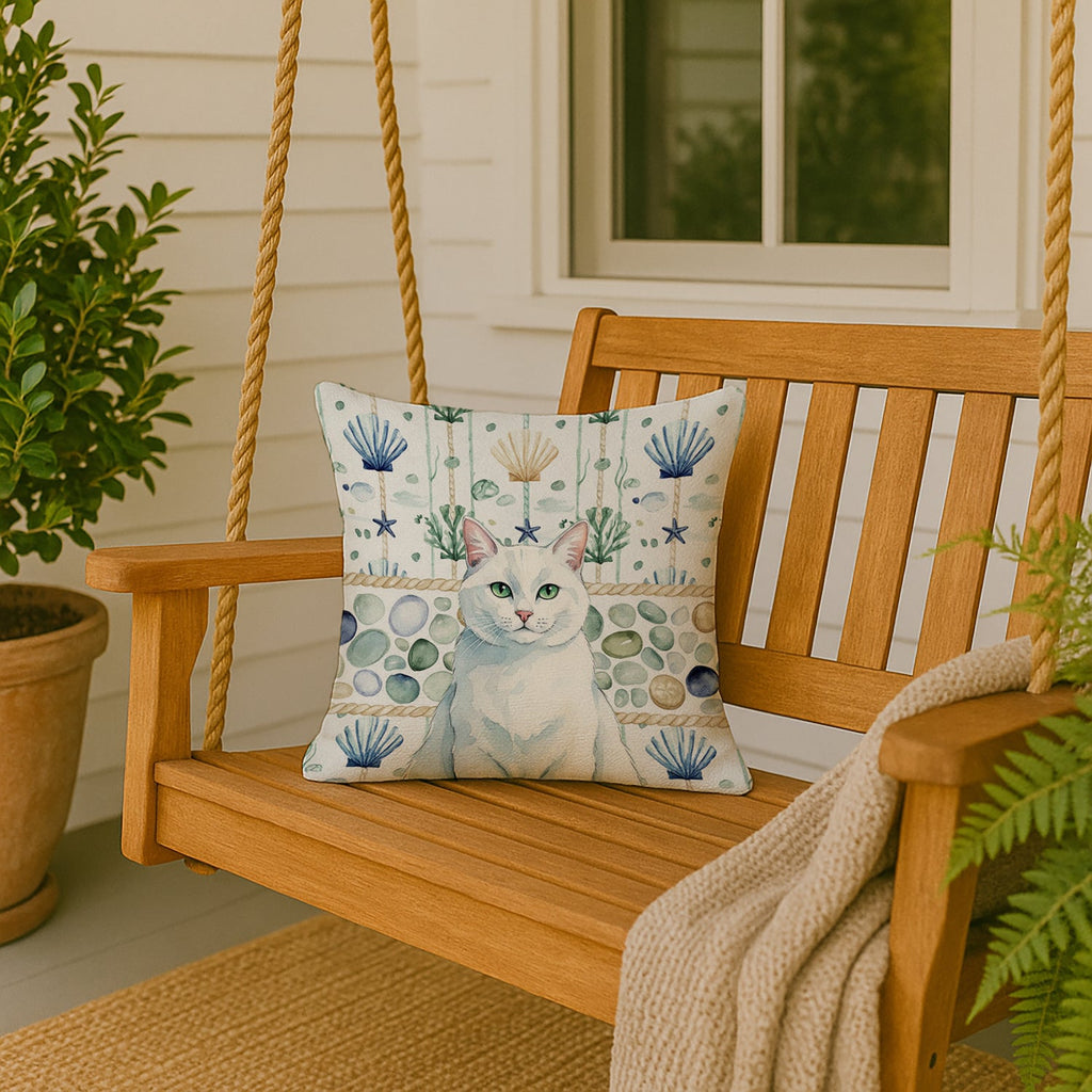 Solid White Cat Coastal Sea Glass Decorative Throw Pillow 18x18 Indoor Outdoor Accent Cushion, Fabric Cover with Insert for Sofa, Bed, Porch & Living Room
