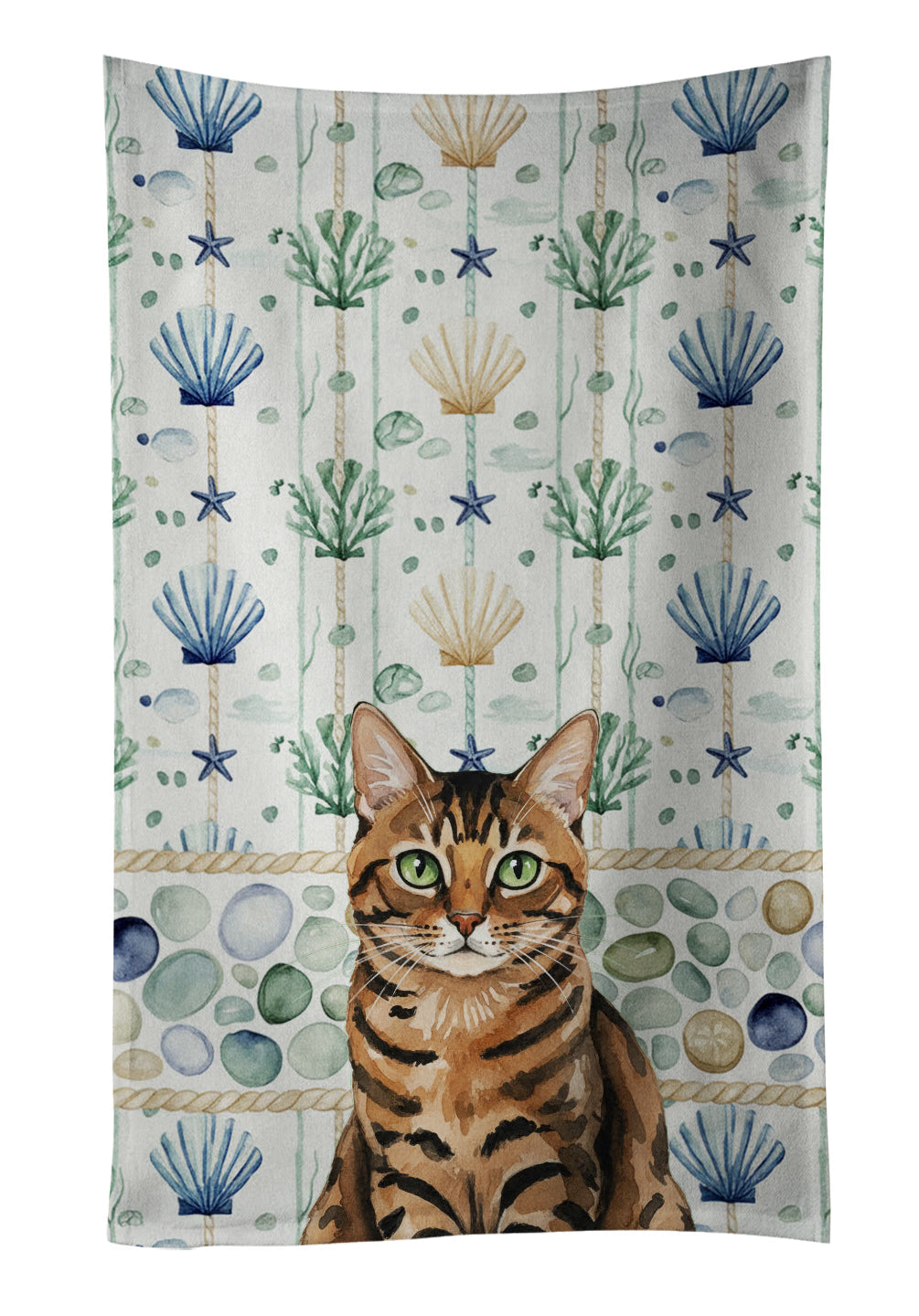 Spotted Tabby Brown Cat Coastal Sea Glass Kitchen Towel Velour Plush Front and Cotton Loop Back Machine Washable