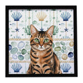 Spotted Tabby Brown Cat Coastal Sea Glass Framed Metal Print Bathroom, Kitchen, Office, Home Decor Wall Art Ready to Hang, Square, 8X8