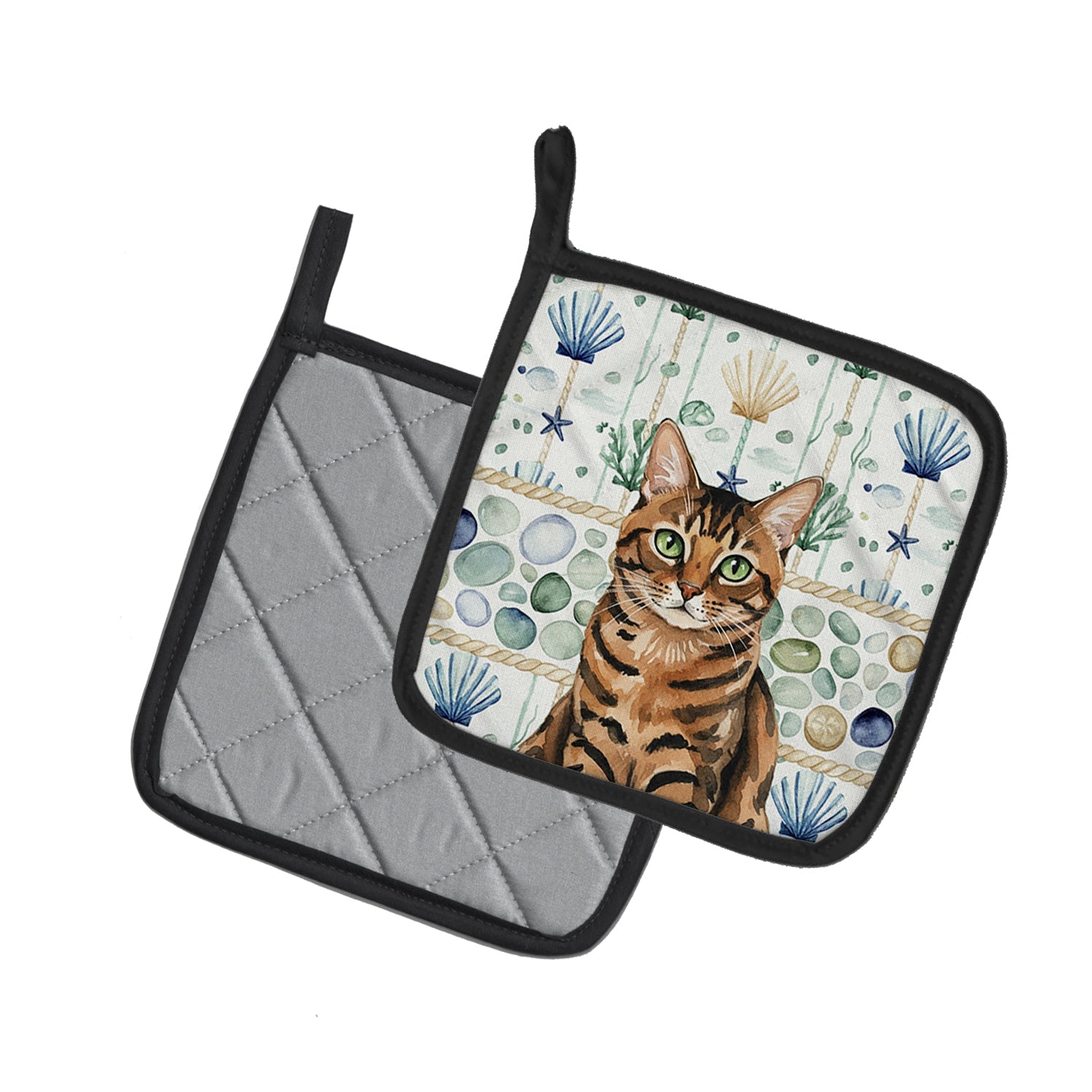 Spotted Tabby Brown Cat Coastal Sea Glass Pot Holder Set of 2 Heat Resistant Quilted Hot Pads 7.5 x 7.5 Inch, Insulated Kitchen Trivets for Cooking & Baking