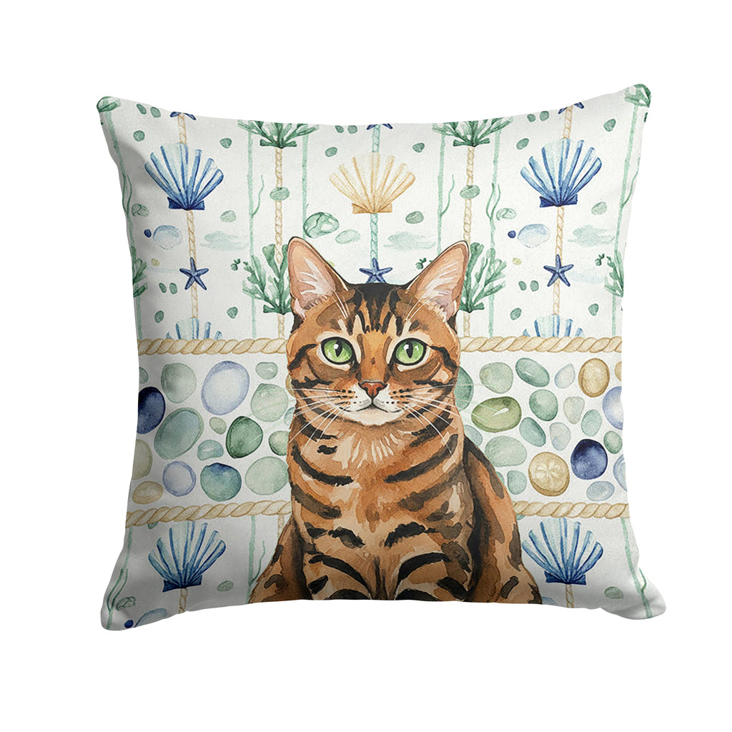 Spotted Tabby Brown Cat Coastal Sea Glass Decorative Throw Pillow 14x14 Indoor Outdoor Accent Cushion, Fabric Cover with Insert for Sofa, Bed, Porch & Living Room