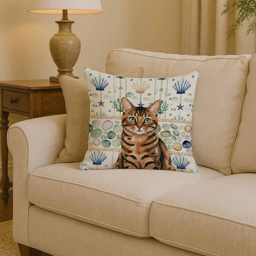 Spotted Tabby Brown Cat Coastal Sea Glass Decorative Throw Pillow 14x14 Indoor Outdoor Accent Cushion, Fabric Cover with Insert for Sofa, Bed, Porch & Living Room