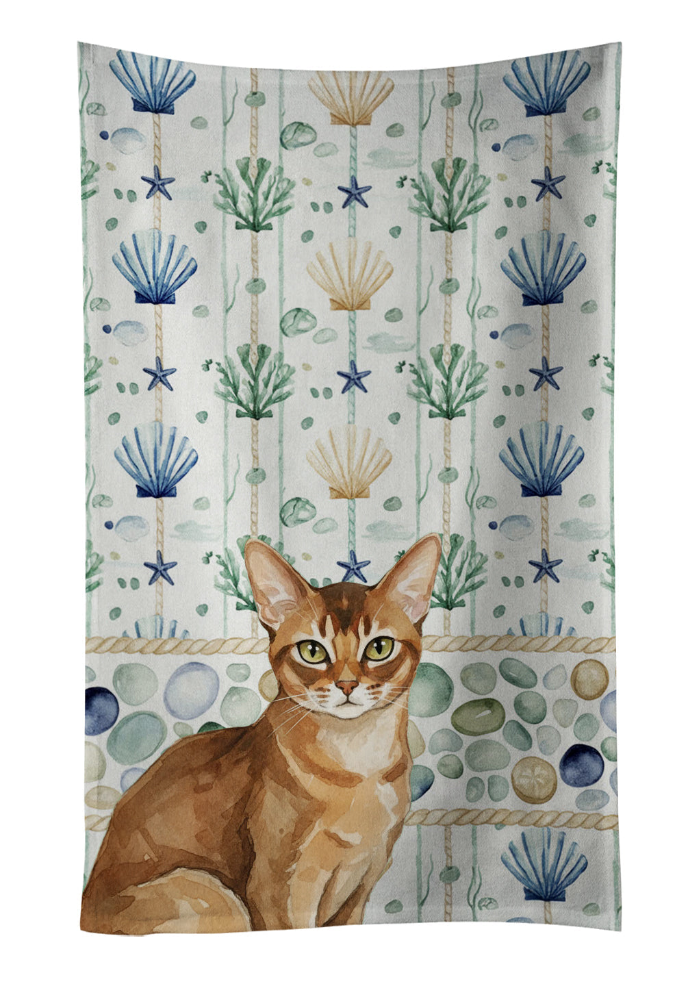 Ticked Tabby Brown Cat Coastal Sea Glass Kitchen Towel Velour Plush Front and Cotton Loop Back Machine Washable