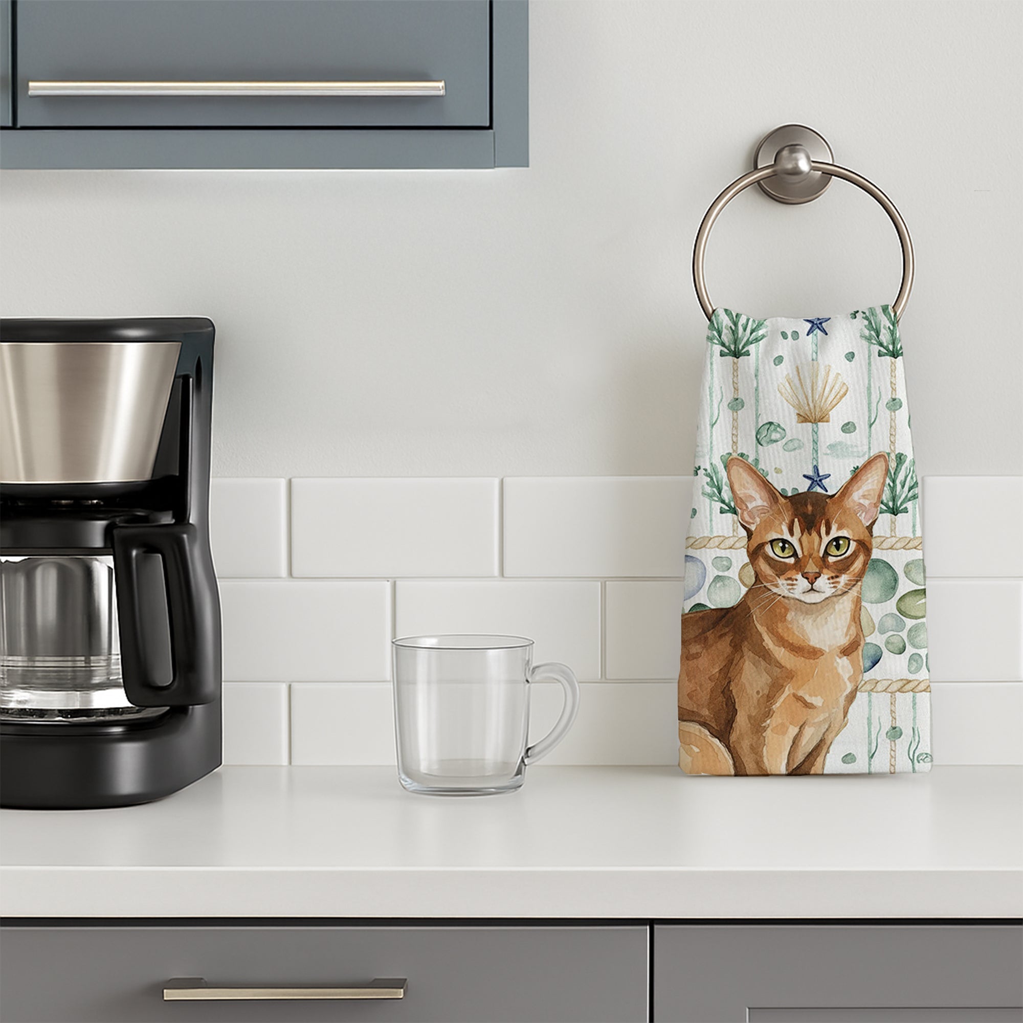 Ticked Tabby Brown Cat Coastal Sea Glass Kitchen Towel Velour Plush Front and Cotton Loop Back Machine Washable