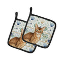 Ticked Tabby Brown Cat Coastal Sea Glass Pot Holder Set of 2 Heat Resistant Quilted Hot Pads 7.5 x 7.5 Inch, Insulated Kitchen Trivets for Cooking & Baking