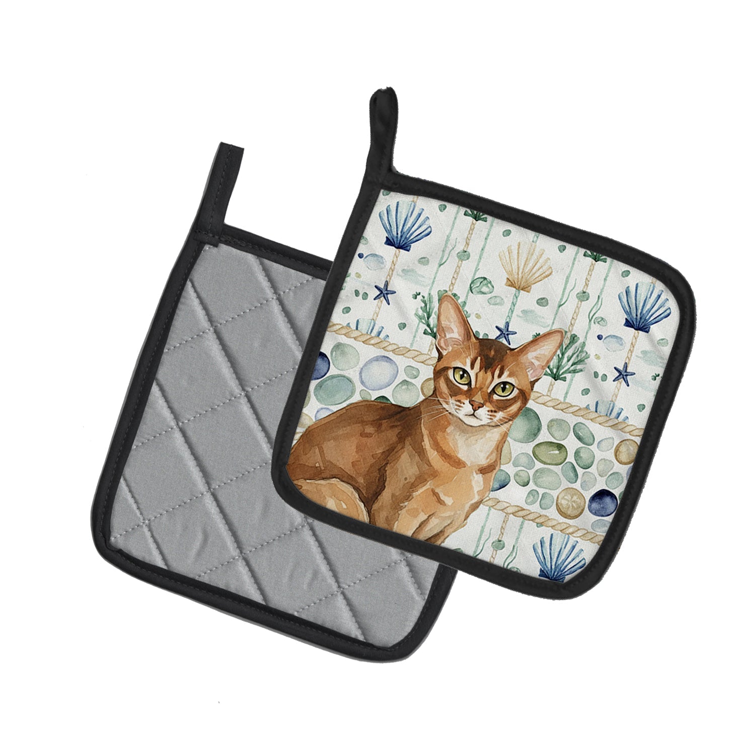 Ticked Tabby Brown Cat Coastal Sea Glass Pot Holder Set of 2 Heat Resistant Quilted Hot Pads 7.5 x 7.5 Inch, Insulated Kitchen Trivets for Cooking & Baking