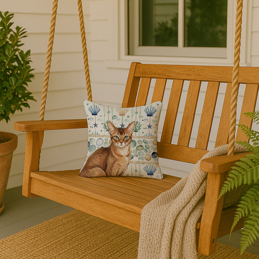 Ticked Tabby Brown Cat Coastal Sea Glass Decorative Throw Pillow 14x14 Indoor Outdoor Accent Cushion, Fabric Cover with Insert for Sofa, Bed, Porch & Living Room