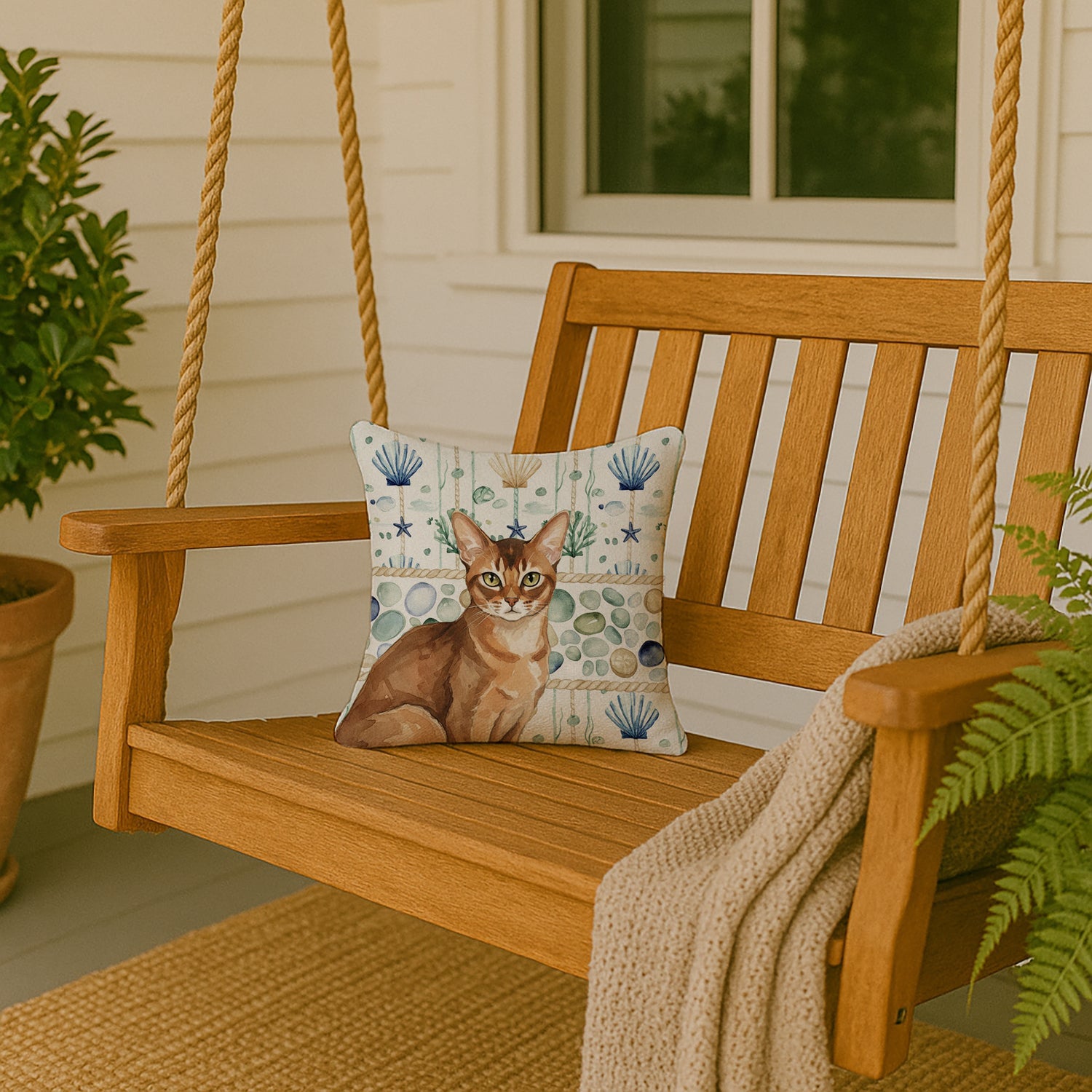 Ticked Tabby Brown Cat Coastal Sea Glass Decorative Throw Pillow 14x14 Indoor Outdoor Accent Cushion, Fabric Cover with Insert for Sofa, Bed, Porch & Living Room
