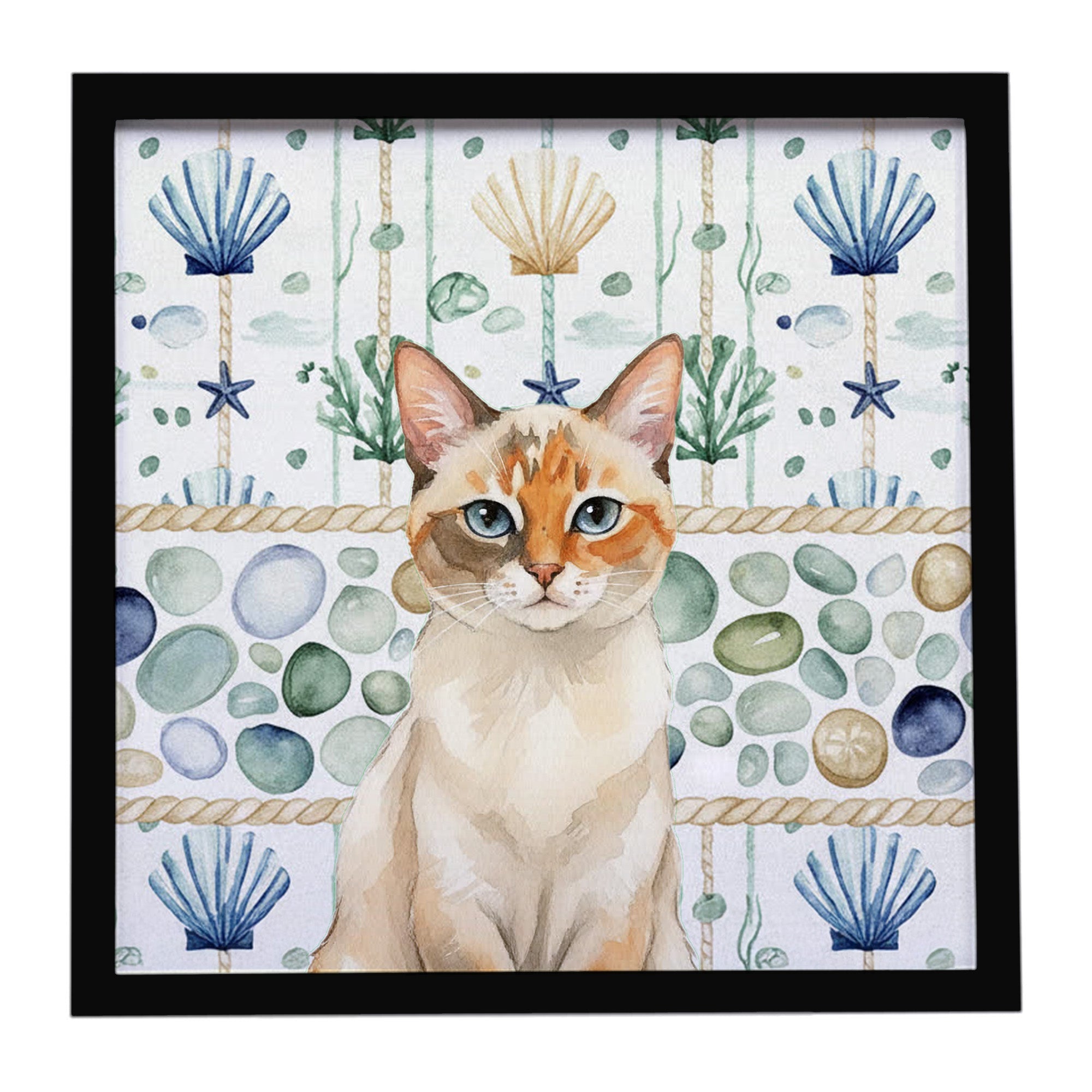 Tortie Point  Cat Coastal Sea Glass Framed Metal Print Bathroom, Kitchen, Office, Home Decor Wall Art Ready to Hang, Square, 8X8