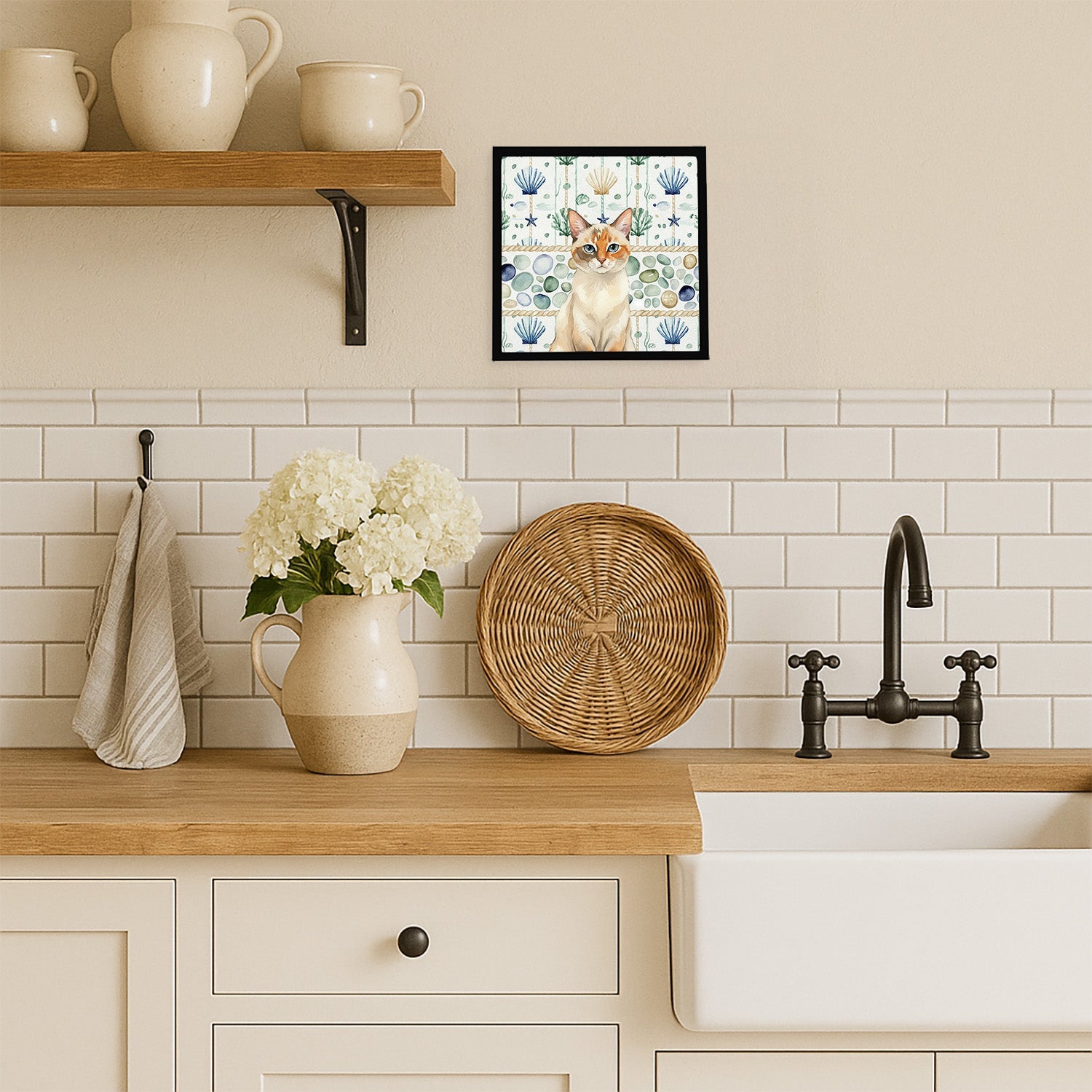 Tortie Point  Cat Coastal Sea Glass Framed Metal Print Bathroom, Kitchen, Office, Home Decor Wall Art Ready to Hang, Square, 8X8
