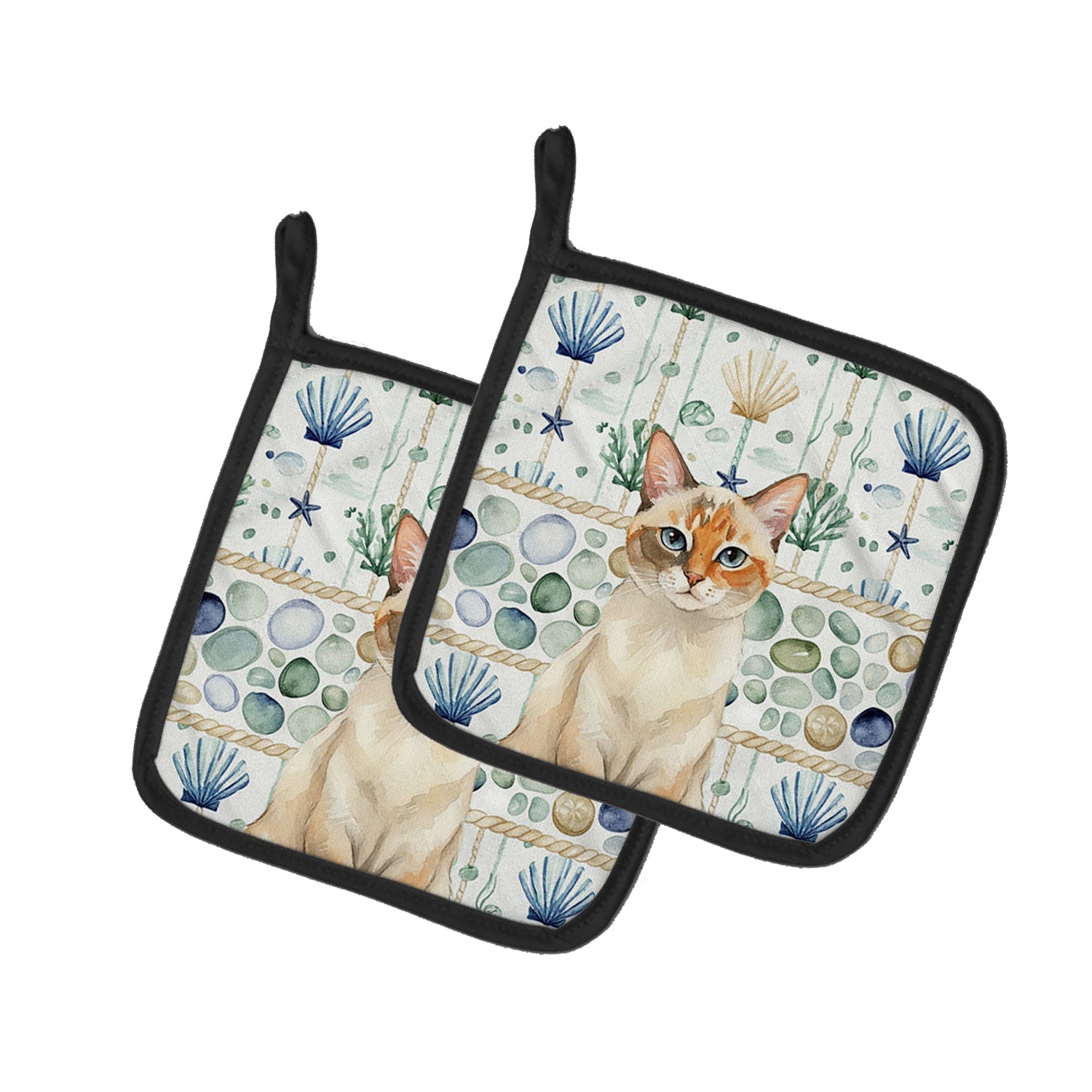 Tortie Point  Cat Coastal Sea Glass Pot Holder Set of 2 Heat Resistant Quilted Hot Pads 7.5 x 7.5 Inch, Insulated Kitchen Trivets for Cooking & Baking