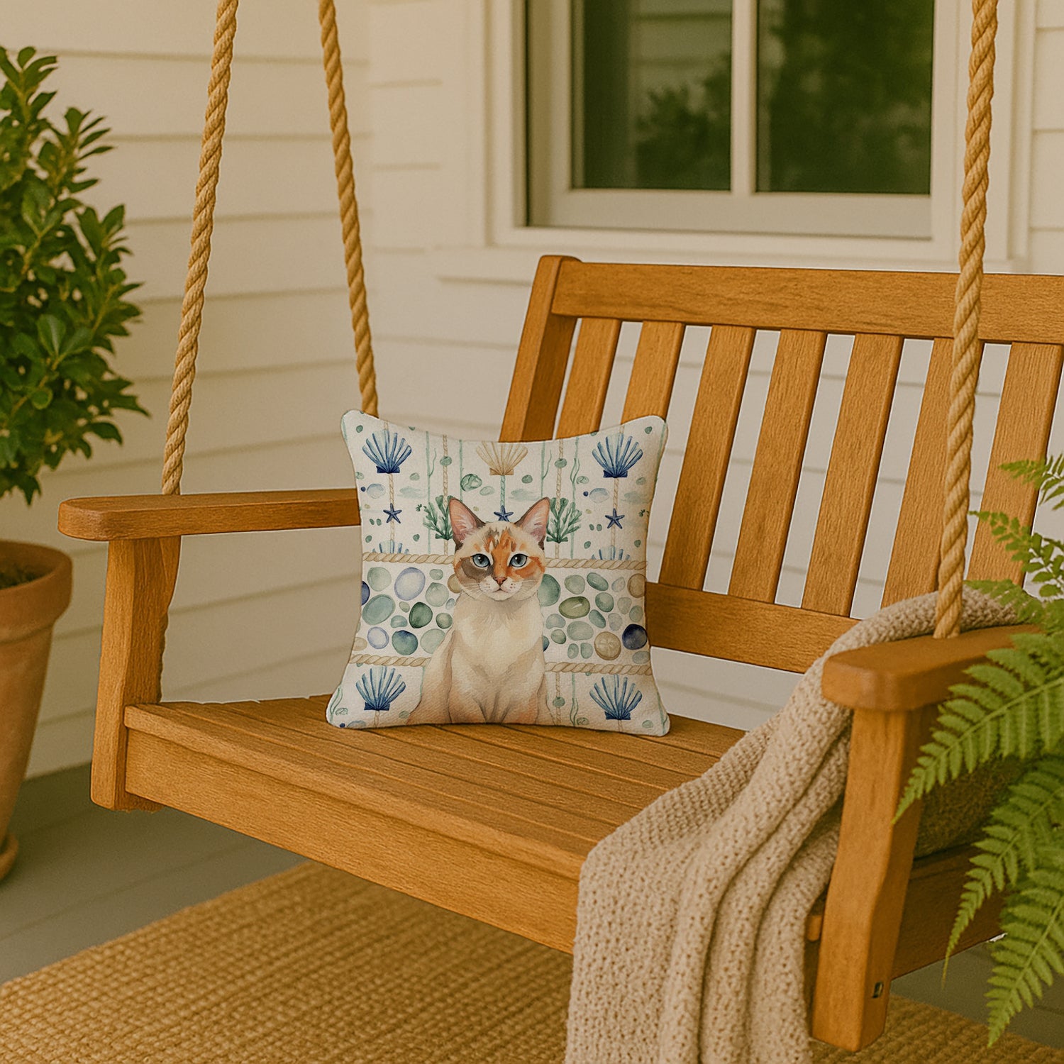 Tortie Point  Cat Coastal Sea Glass Decorative Throw Pillow 14x14 Indoor Outdoor Accent Cushion, Fabric Cover with Insert for Sofa, Bed, Porch & Living Room