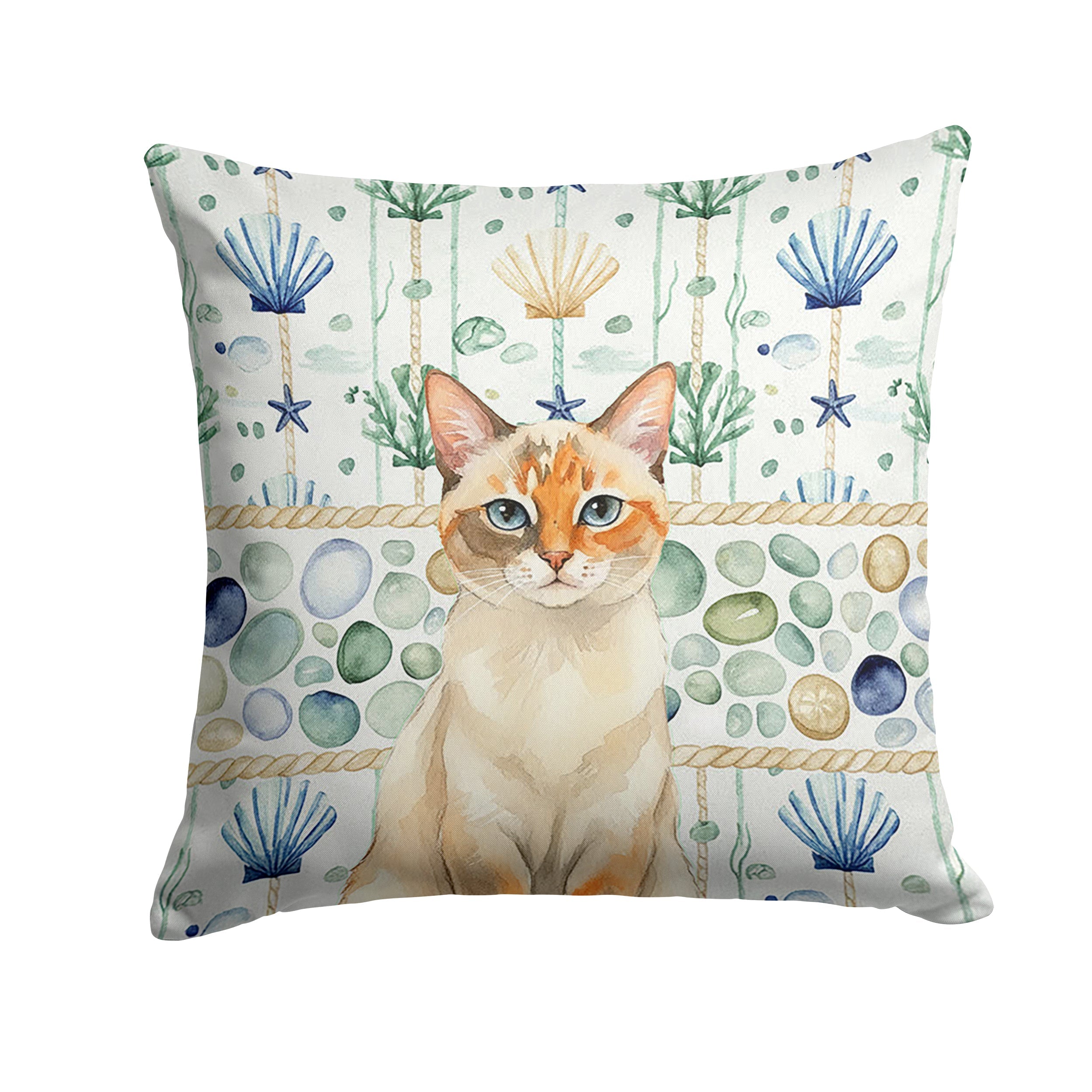Tortie Point  Cat Coastal Sea Glass Decorative Throw Pillow 18x18 Indoor Outdoor Accent Cushion, Fabric Cover with Insert for Sofa, Bed, Porch & Living Room