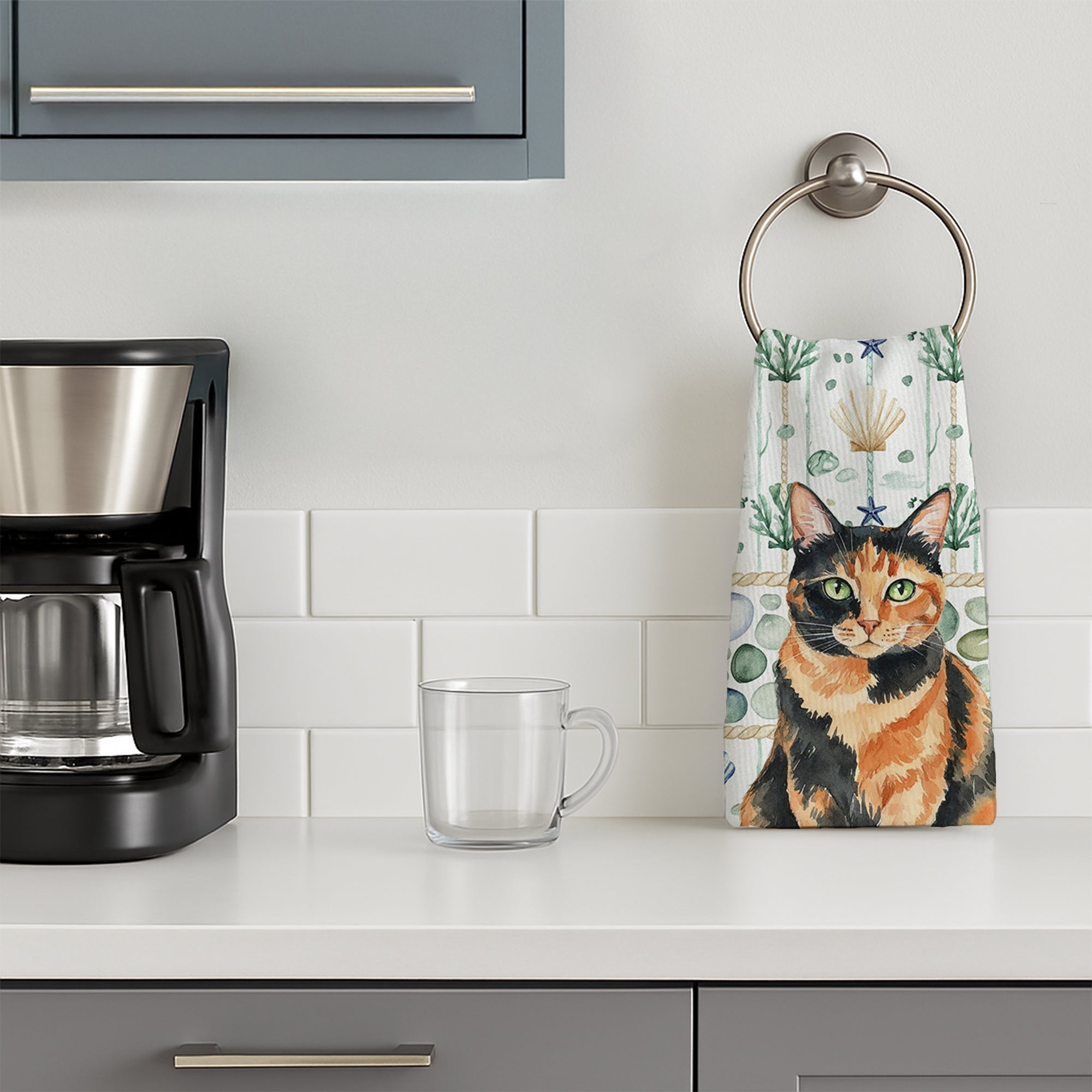 Tortoiseshell Cat Coastal Sea Glass Kitchen Towel Velour Plush Front and Cotton Loop Back Machine Washable