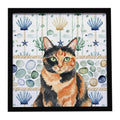 Tortoiseshell Cat Coastal Sea Glass Framed Metal Print Bathroom, Kitchen, Office, Home Decor Wall Art Ready to Hang, Square, 8X8