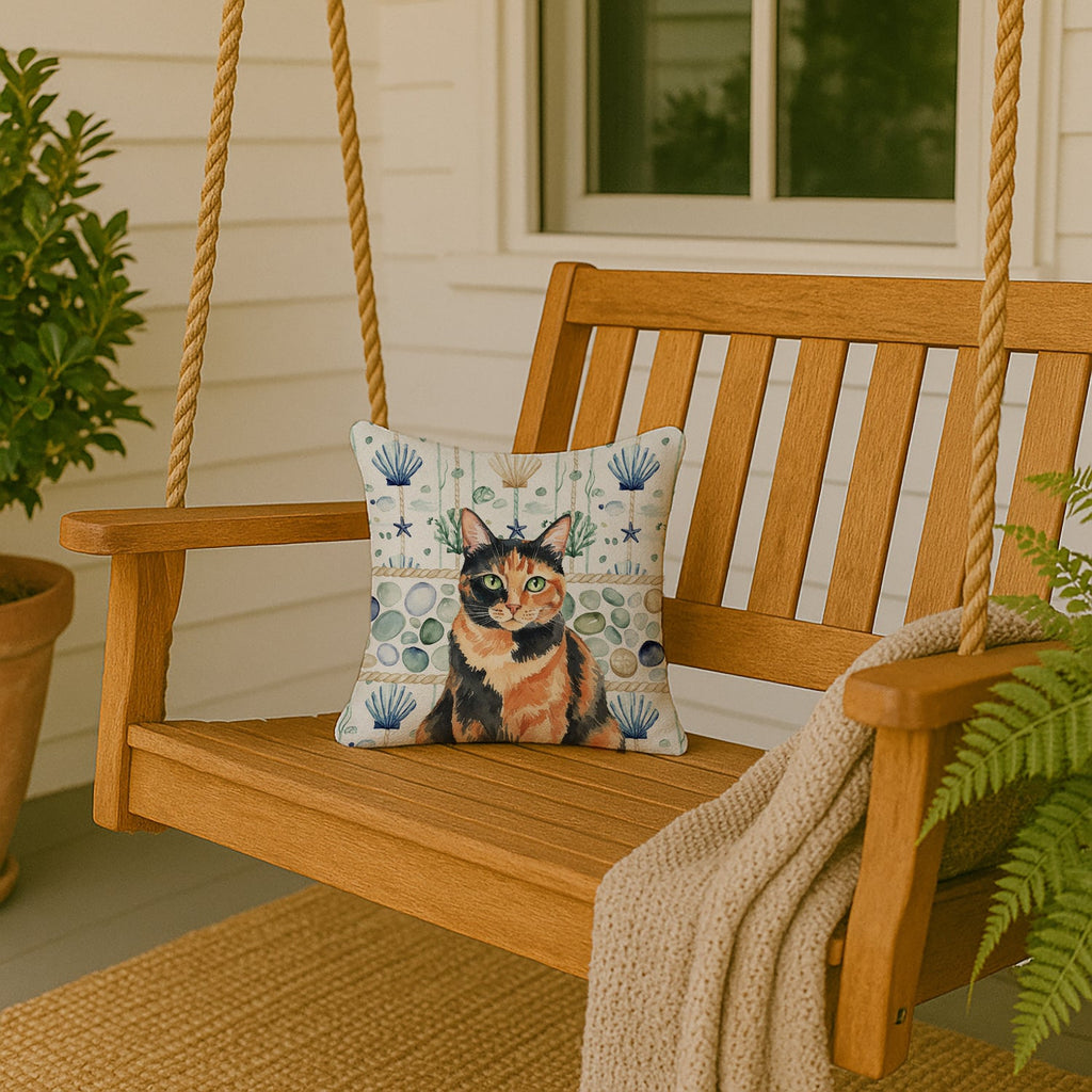 Tortoiseshell Cat Coastal Sea Glass Decorative Throw Pillow 14x14 Indoor Outdoor Accent Cushion, Fabric Cover with Insert for Sofa, Bed, Porch & Living Room
