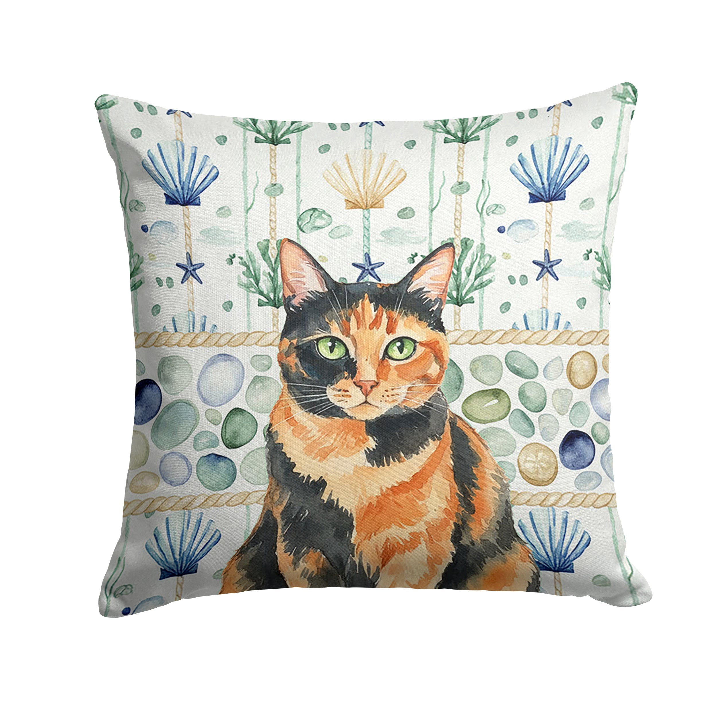 Tortoiseshell Cat Coastal Sea Glass Decorative Throw Pillow 18x18 Indoor Outdoor Accent Cushion, Fabric Cover with Insert for Sofa, Bed, Porch & Living Room