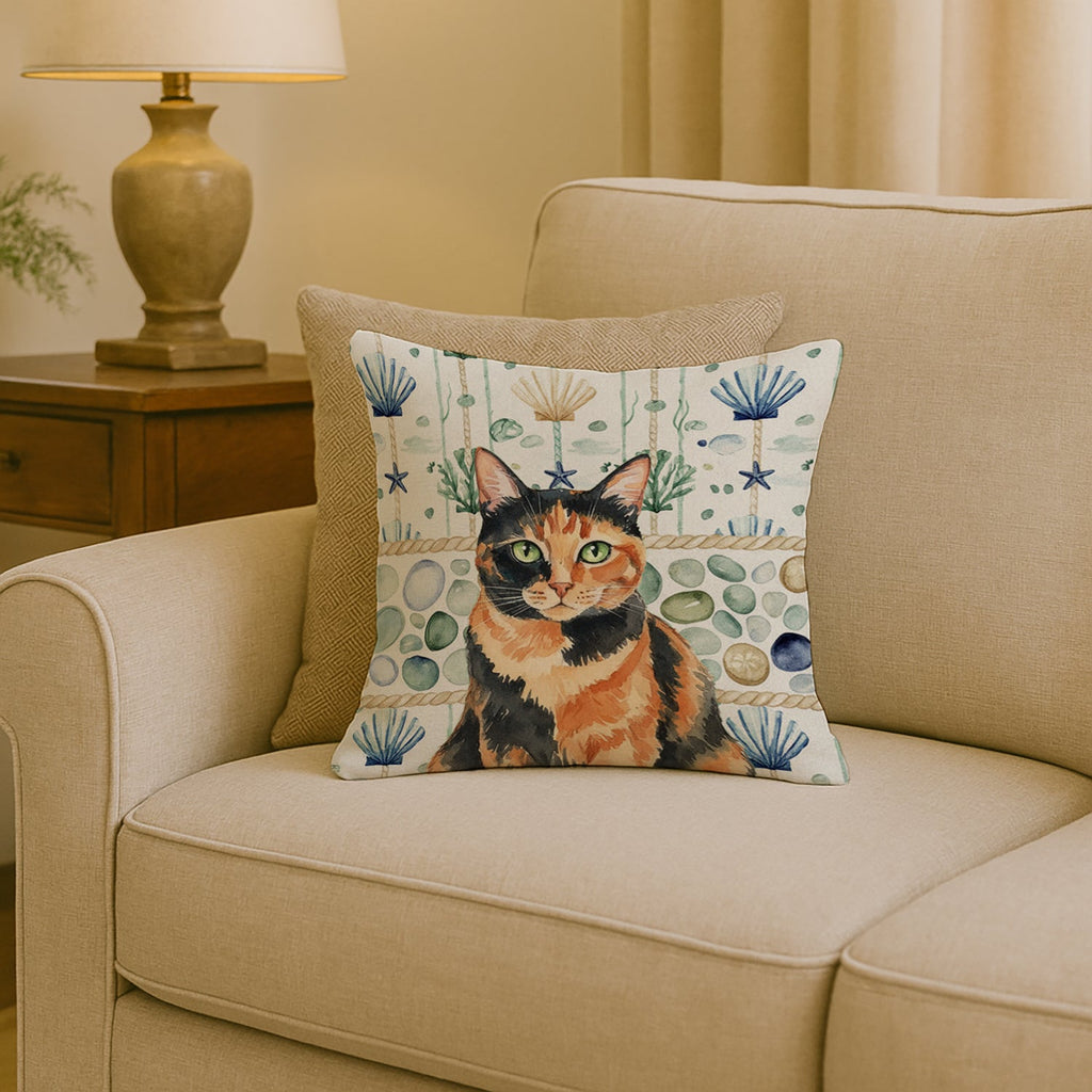 Tortoiseshell Cat Coastal Sea Glass Decorative Throw Pillow 18x18 Indoor Outdoor Accent Cushion, Fabric Cover with Insert for Sofa, Bed, Porch & Living Room