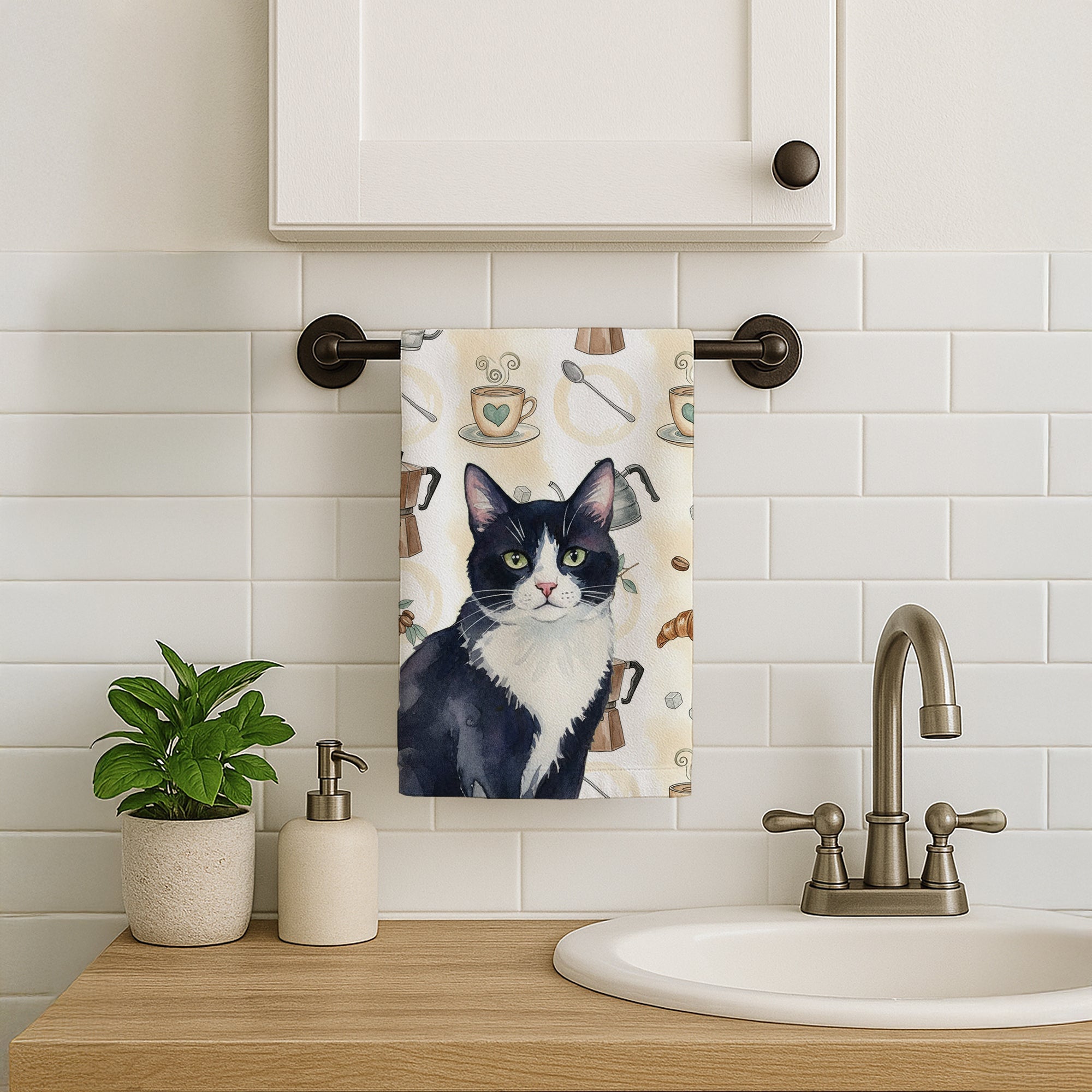 Black and White Tuxedo Cat Coffee Time Kitchen Towel Velour Plush Front and Cotton Loop Back Machine Washable