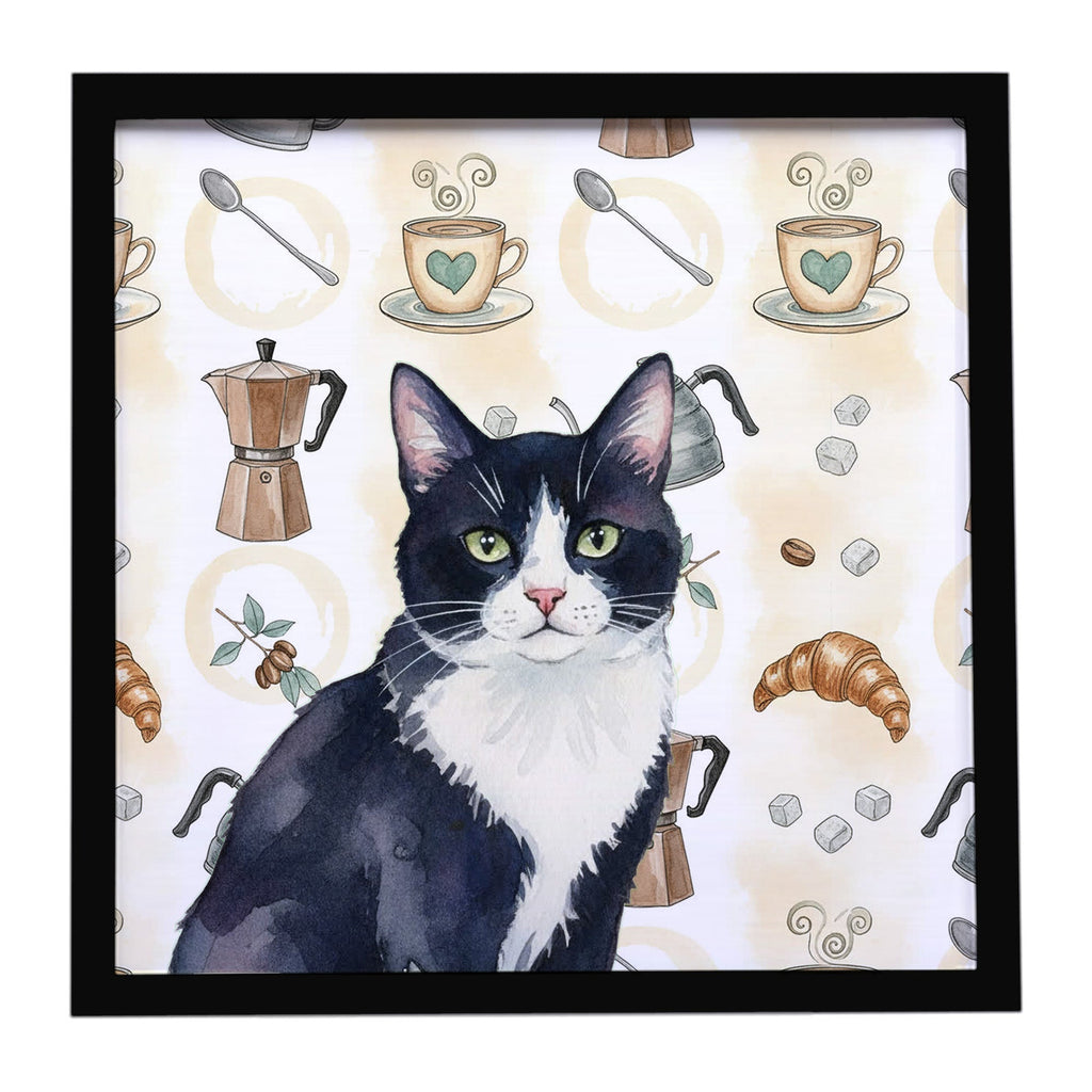 Black and White Tuxedo Cat Coffee Time Framed Metal Print Bathroom, Kitchen, Office, Home Decor Wall Art Ready to Hang, Square, 8X8