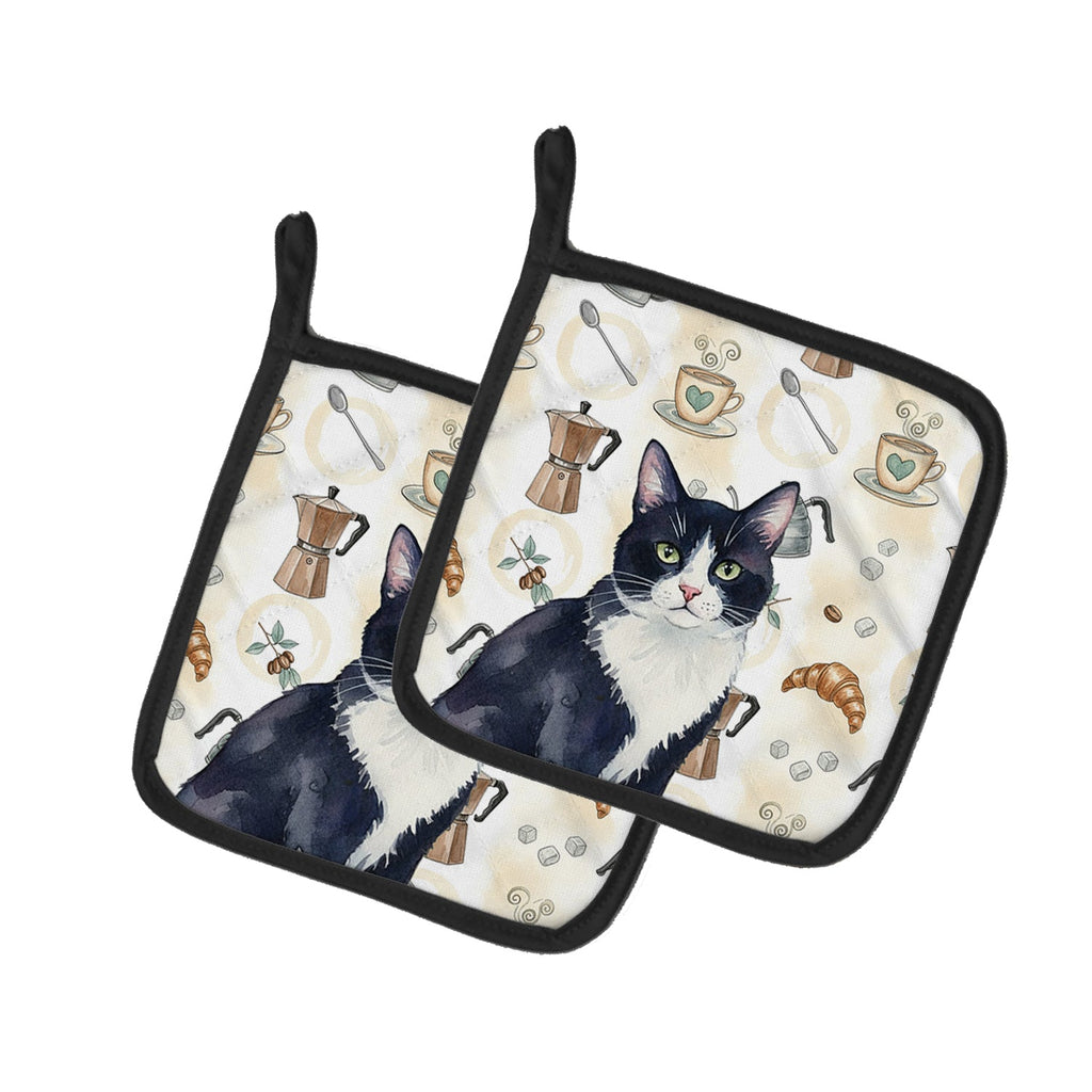 Black and White Tuxedo Cat Coffee Time Pot Holder Set of 2 Heat Resistant Quilted Hot Pads 7.5 x 7.5 Inch, Insulated Kitchen Trivets for Cooking & Baking