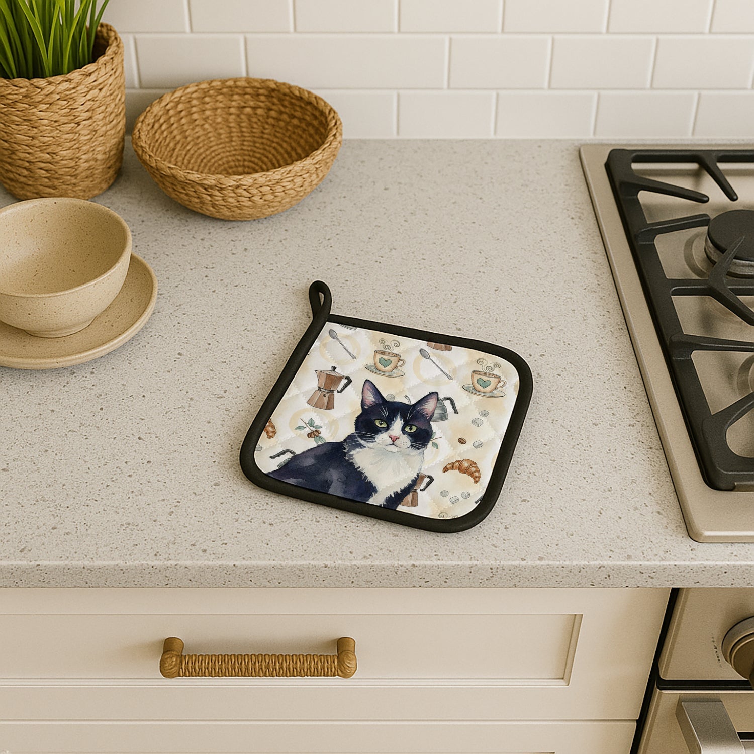 Black and White Tuxedo Cat Coffee Time Pot Holder Set of 2 Heat Resistant Quilted Hot Pads 7.5 x 7.5 Inch, Insulated Kitchen Trivets for Cooking & Baking
