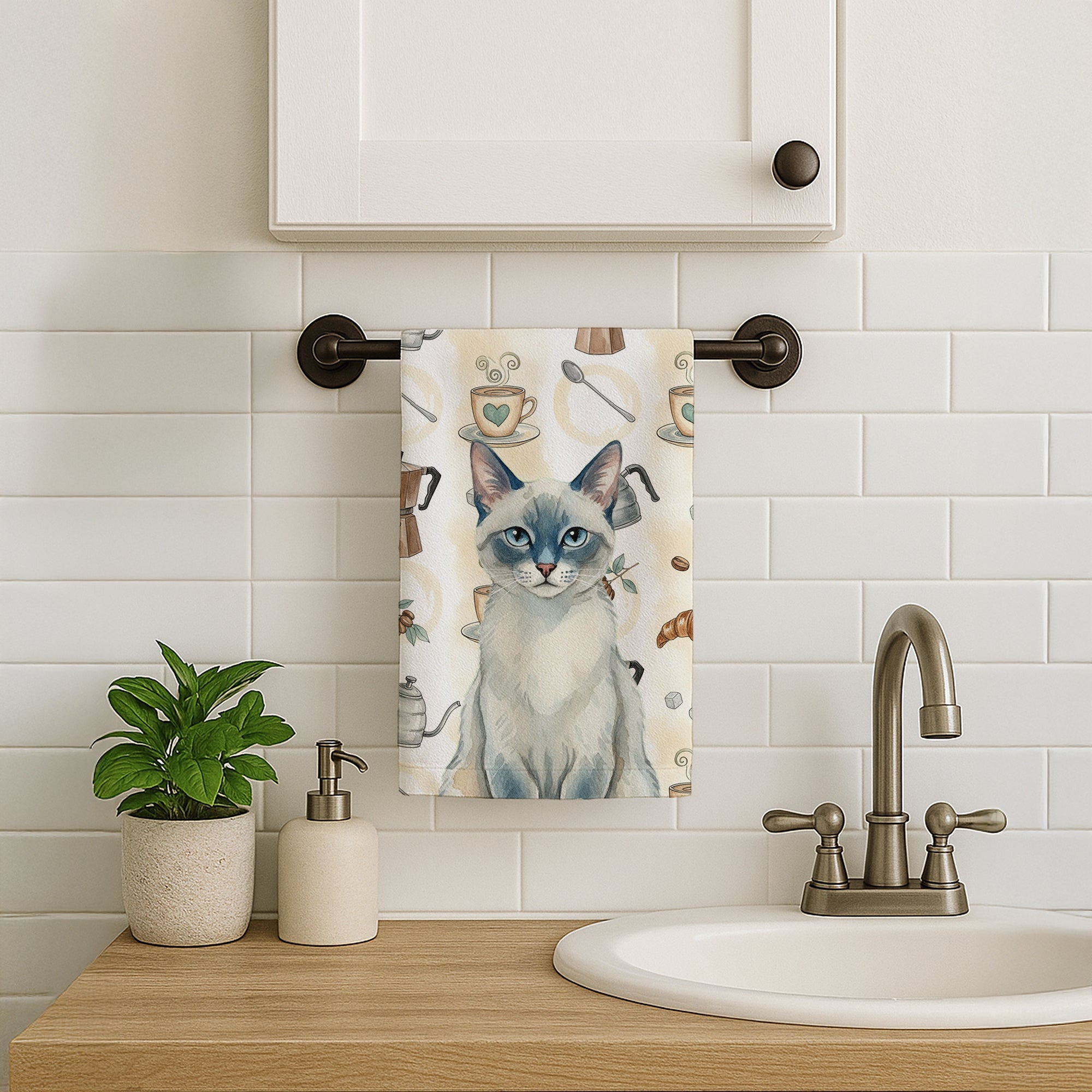 Blue Point Cat Coffee Time Kitchen Towel Velour Plush Front and Cotton Loop Back Machine Washable