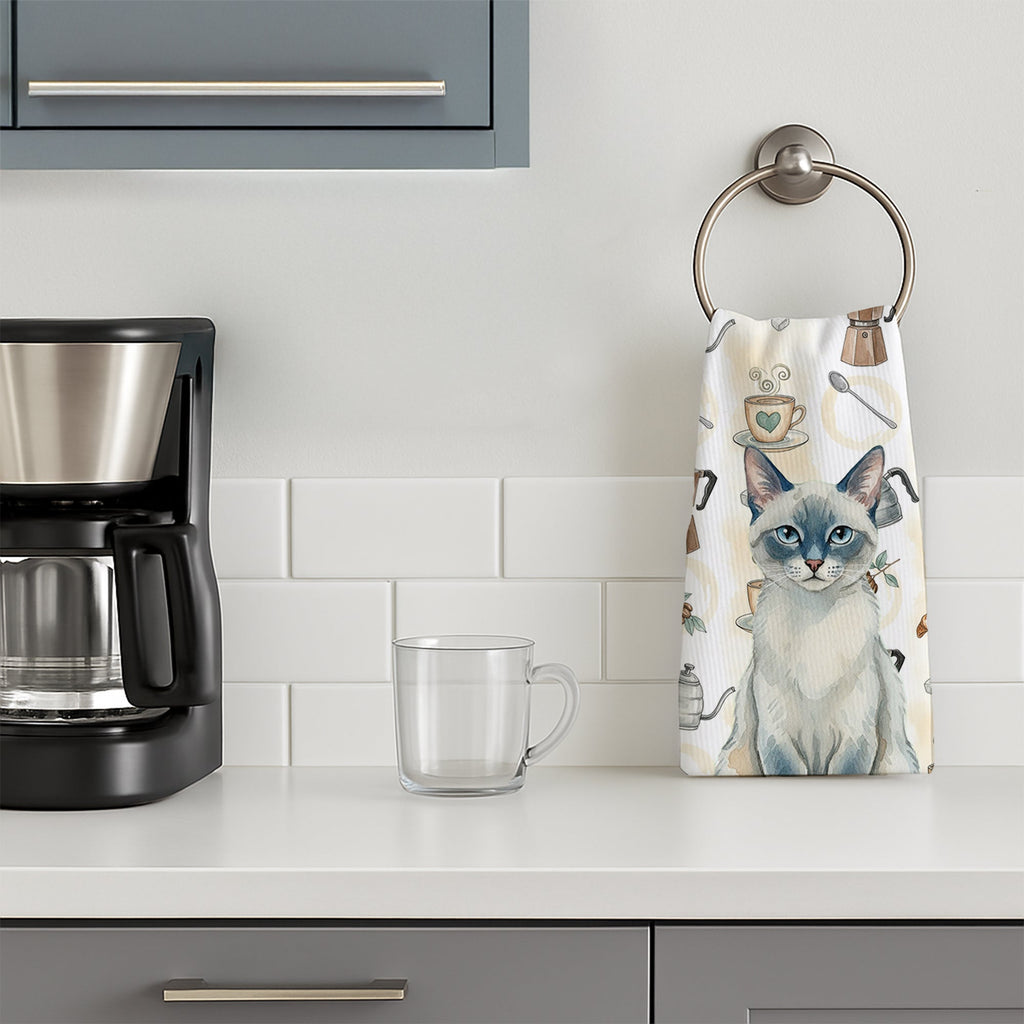 Blue Point Cat Coffee Time Kitchen Towel Velour Plush Front and Cotton Loop Back Machine Washable