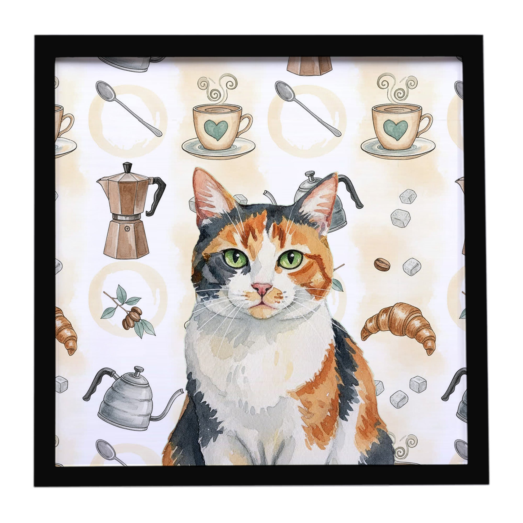 Calico Cat Coffee Time Framed Metal Print Bathroom, Kitchen, Office, Home Decor Wall Art Ready to Hang, Square, 8X8