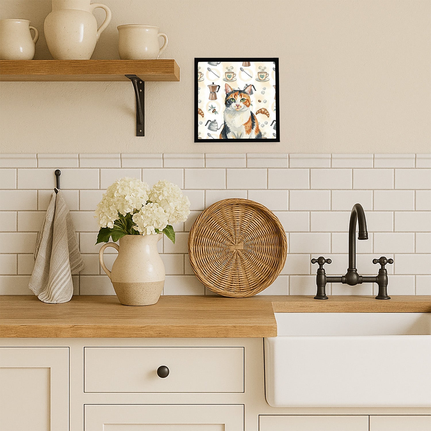 Calico Cat Coffee Time Framed Metal Print Bathroom, Kitchen, Office, Home Decor Wall Art Ready to Hang, Square, 8X8