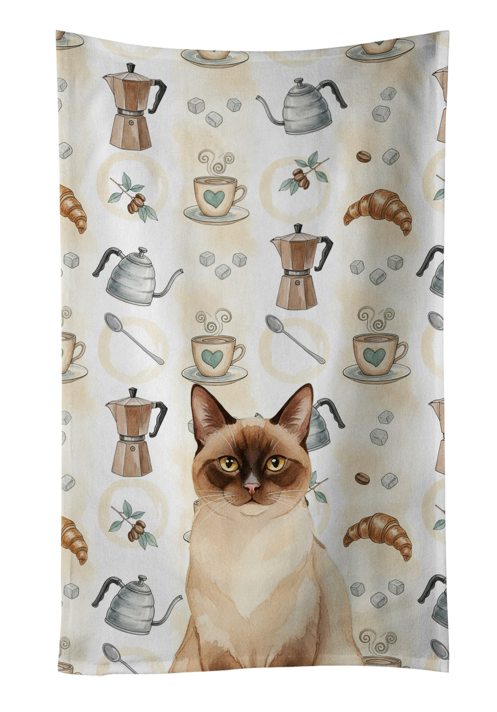 Chocolate Point Cat Coffee Time Kitchen Towel Velour Plush Front and Cotton Loop Back Machine Washable
