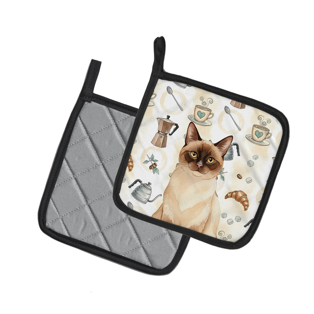 Chocolate Point Cat Coffee Time Pot Holder Set of 2 Heat Resistant Quilted Hot Pads 7.5 x 7.5 Inch, Insulated Kitchen Trivets for Cooking & Baking