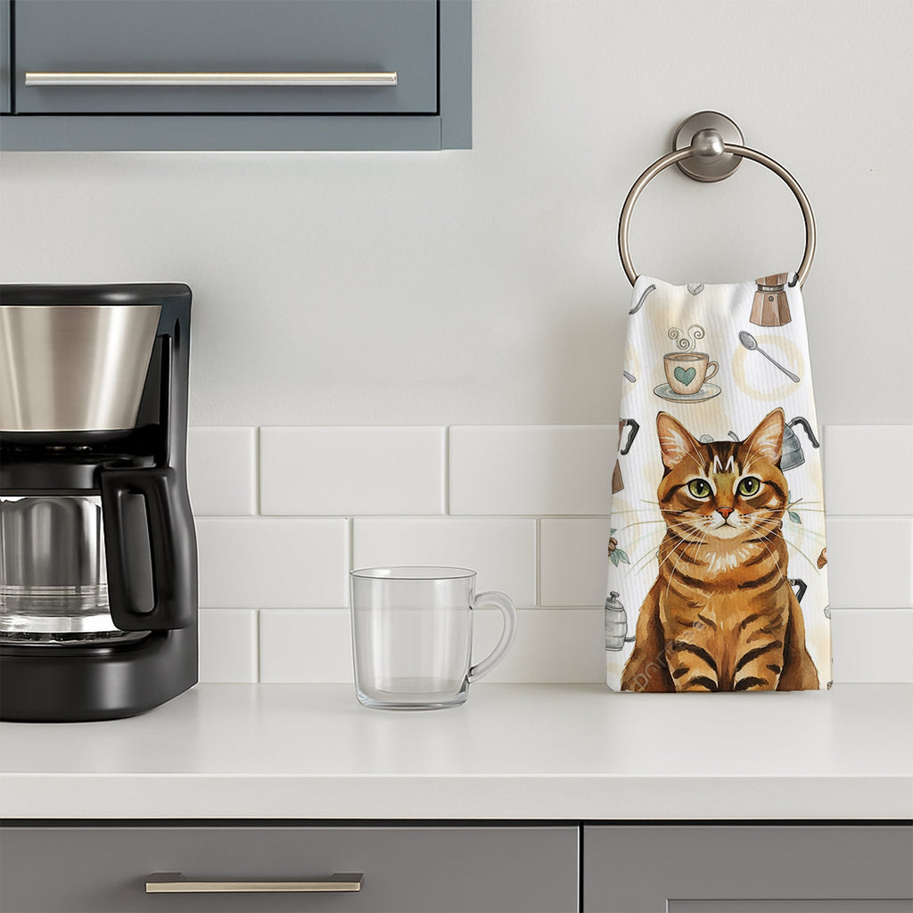 Classic Tabby Brown Cat Coffee Time Kitchen Towel Velour Plush Front and Cotton Loop Back Machine Washable