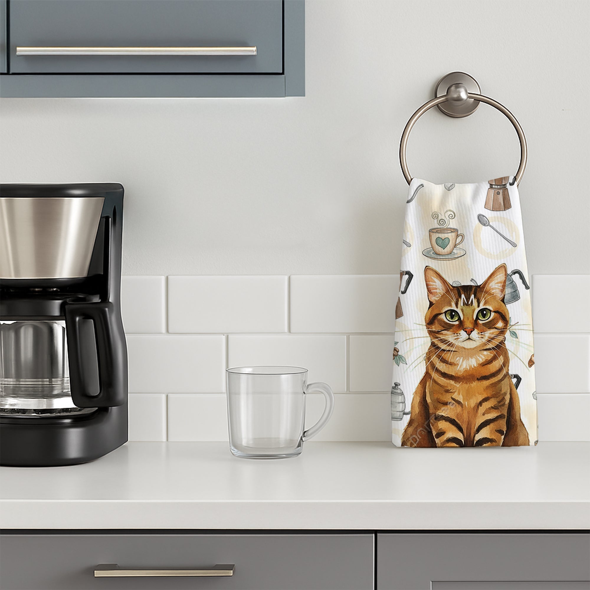 Classic Tabby Brown Cat Coffee Time Kitchen Towel Velour Plush Front and Cotton Loop Back Machine Washable