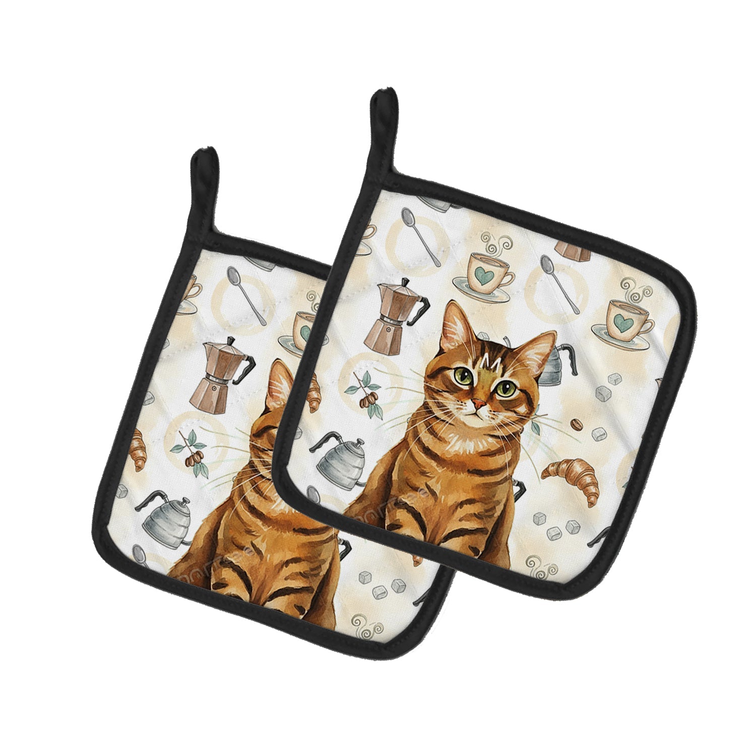 Classic Tabby Brown Cat Coffee Time Pot Holder Set of 2 Heat Resistant Quilted Hot Pads 7.5 x 7.5 Inch, Insulated Kitchen Trivets for Cooking & Baking