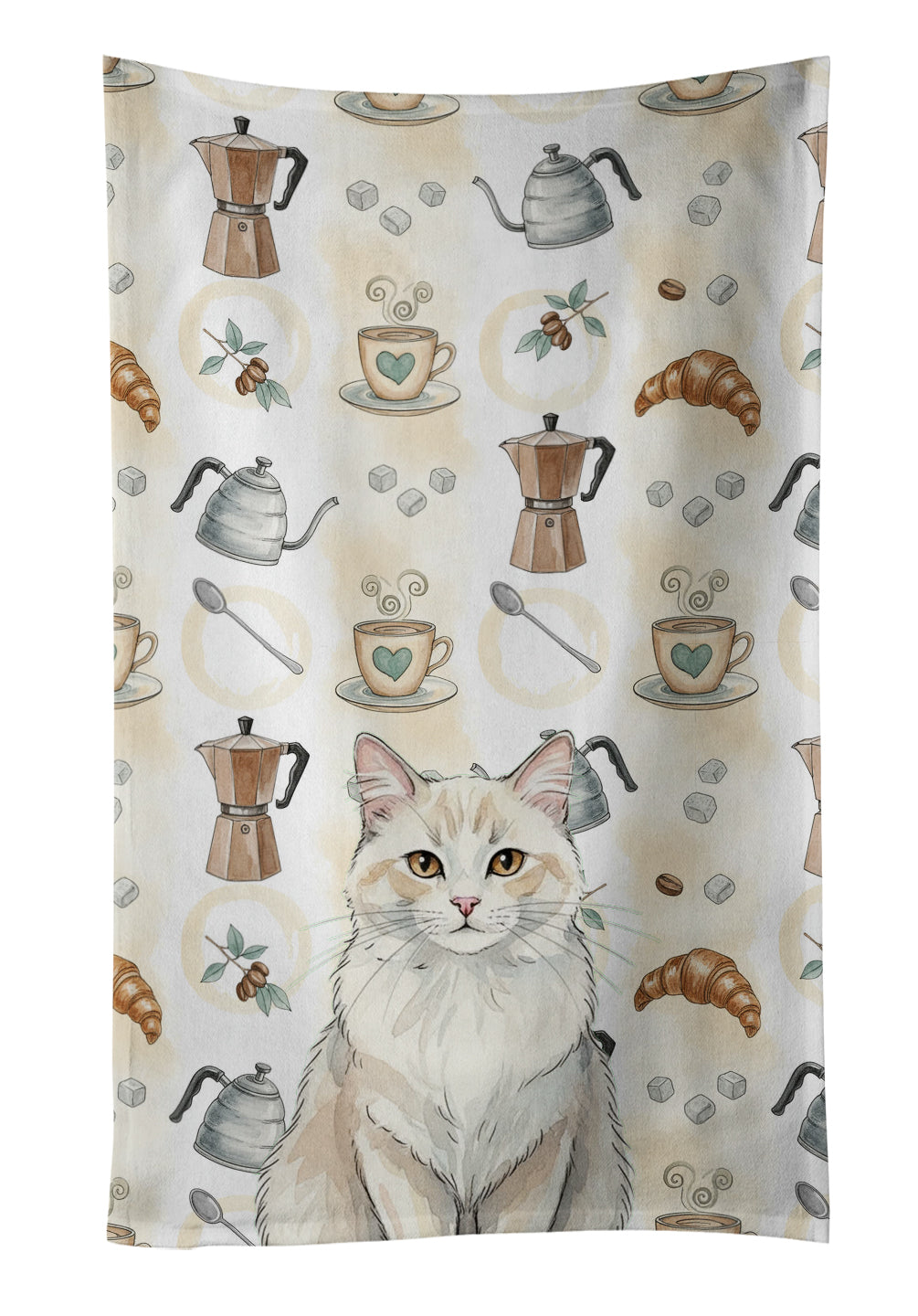 Cream and White Cat Coffee Time Kitchen Towel Velour Plush Front and Cotton Loop Back Machine Washable