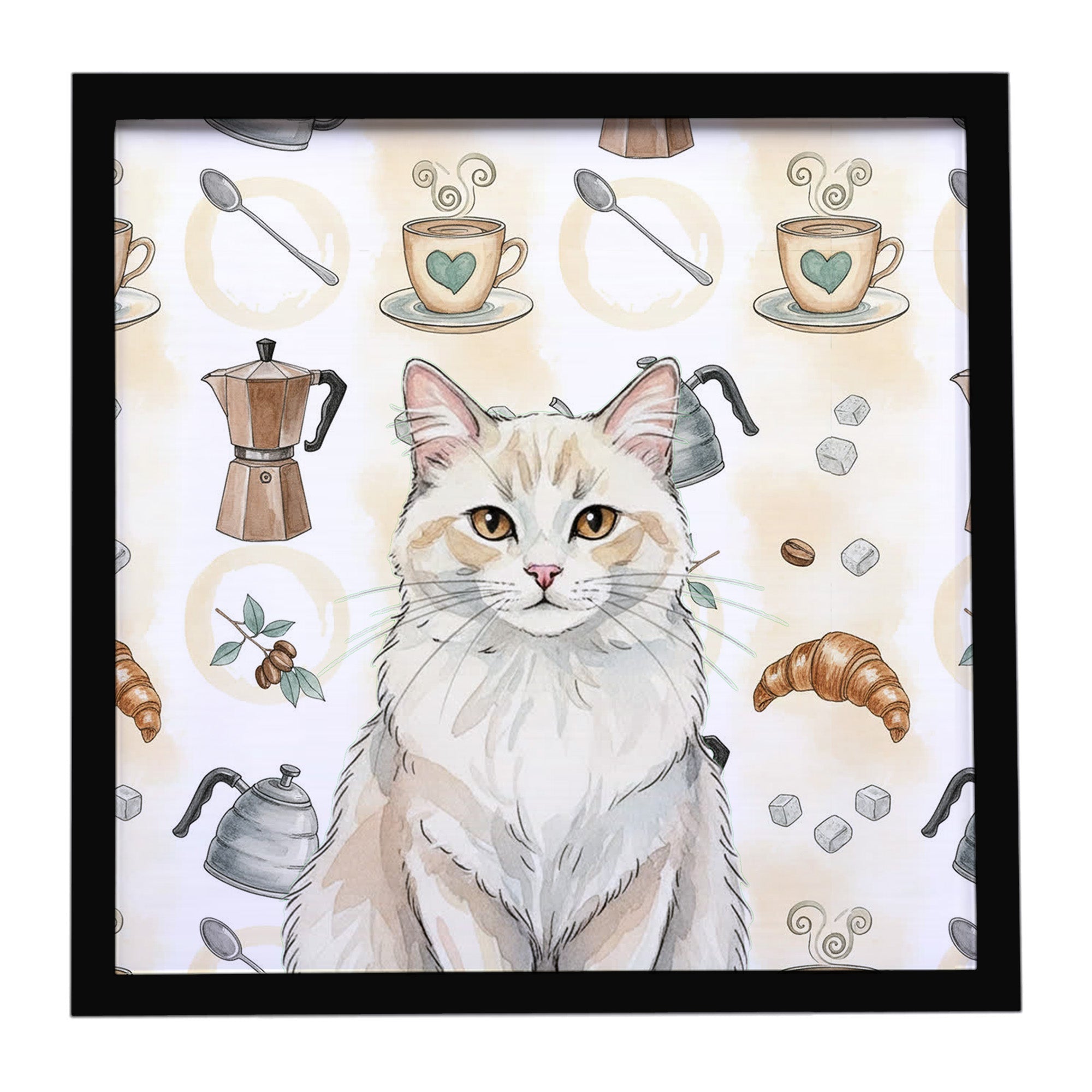 Cream and White Cat Coffee Time Framed Metal Print Bathroom, Kitchen, Office, Home Decor Wall Art Ready to Hang, Square, 8X8