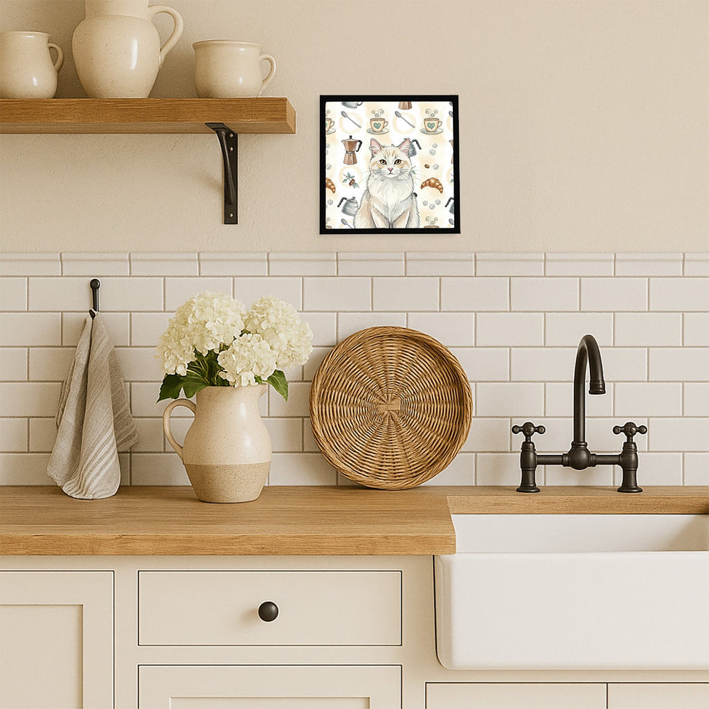 Cream and White Cat Coffee Time Framed Metal Print Bathroom, Kitchen, Office, Home Decor Wall Art Ready to Hang, Square, 8X8