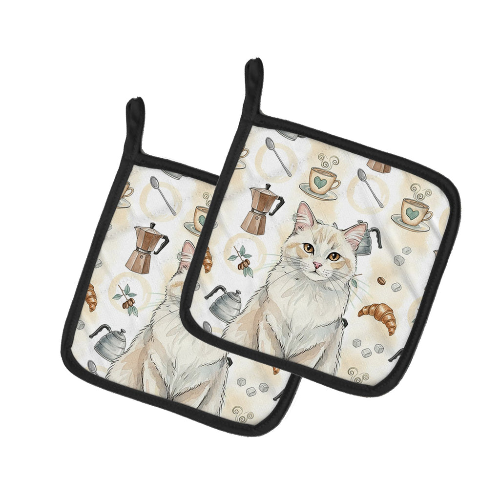 Cream and White Cat Coffee Time Pot Holder Set of 2 Heat Resistant Quilted Hot Pads 7.5 x 7.5 Inch, Insulated Kitchen Trivets for Cooking & Baking