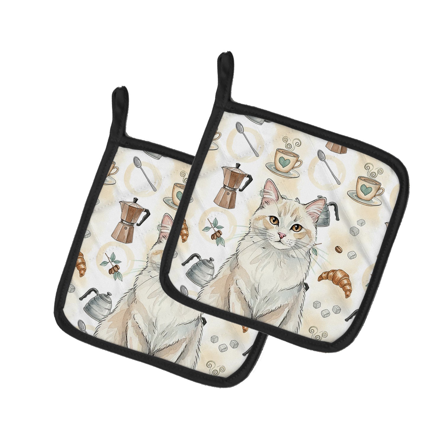 Cream and White Cat Coffee Time Pot Holder Set of 2 Heat Resistant Quilted Hot Pads 7.5 x 7.5 Inch, Insulated Kitchen Trivets for Cooking & Baking